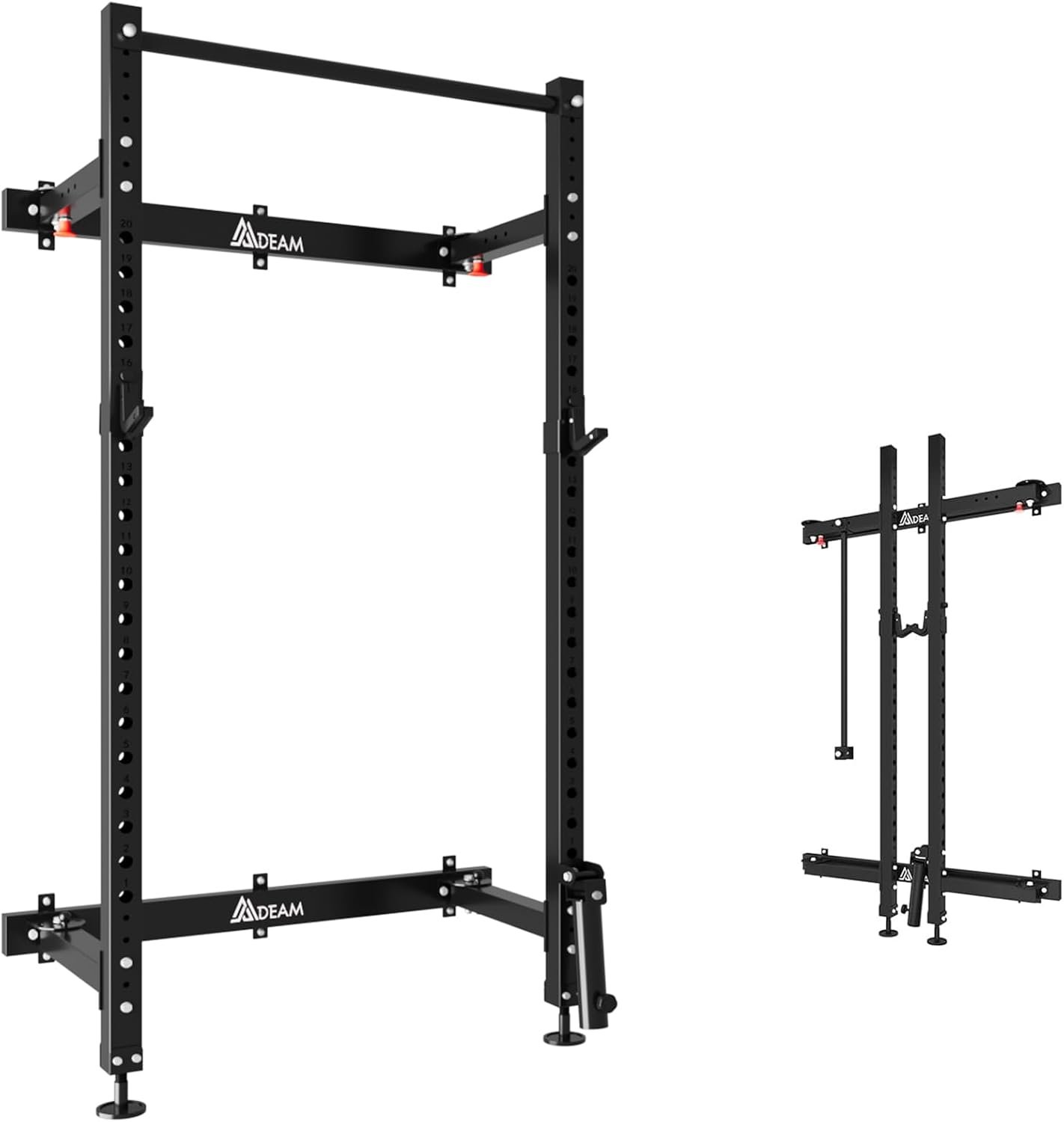 Mdeam Folding Squat Rack, 2.36″x2.36″ Steel Wall Mounted Power Rack for Home Gym Space-Saving Foldable Squat Cage 1000LBS Capacity with Pull Up Bar/J-Hooks/Landmine