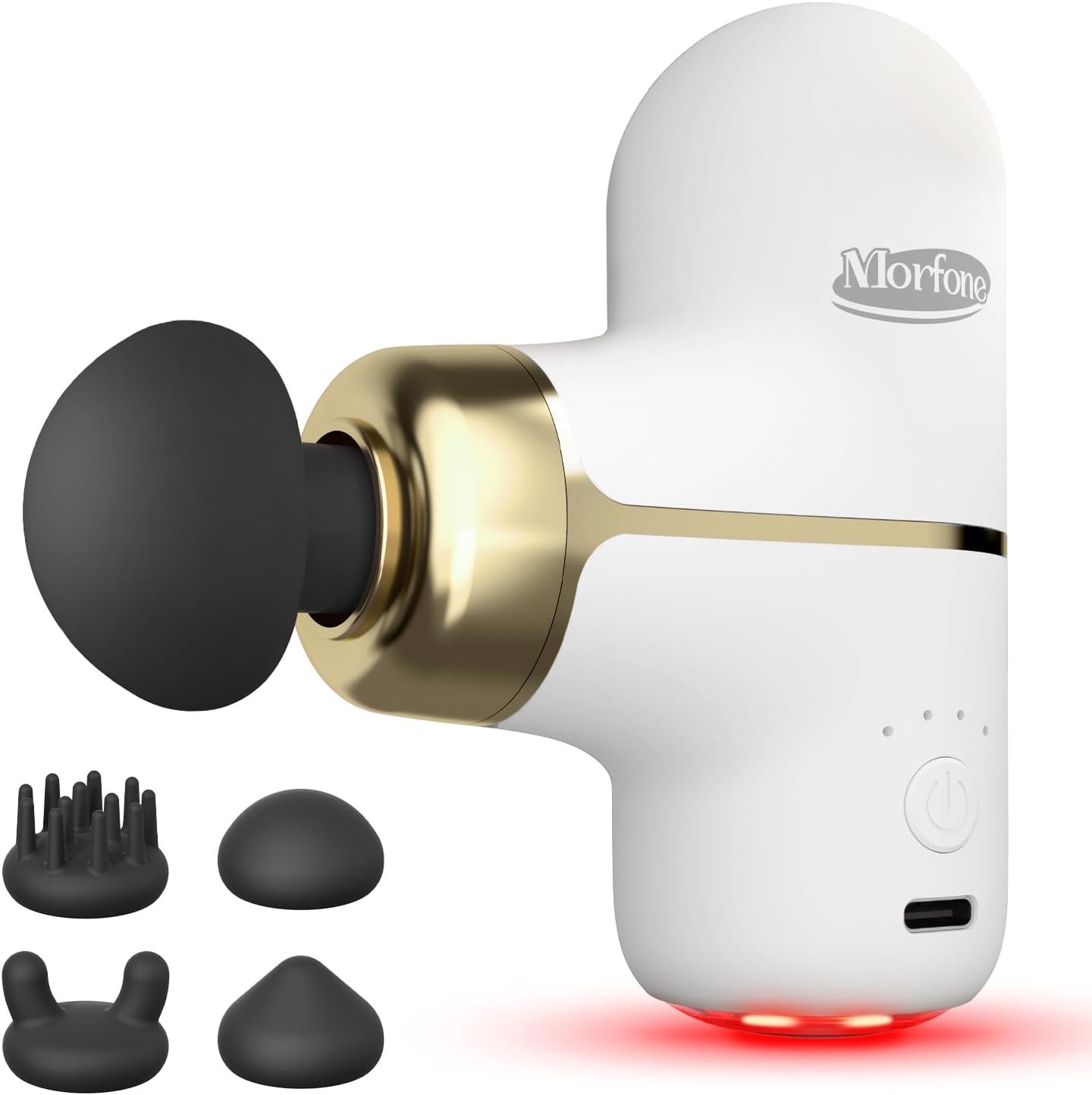 Morfone Mini Massage Gun – Deep Tissue Percussion Muscle Massager, Portable Ultra-light 0.48lb, 4 Heads & 4 Speeds, with Heat 660nm Red Light Therapy, Office Home Gym Travel Gifts for Women Men, White