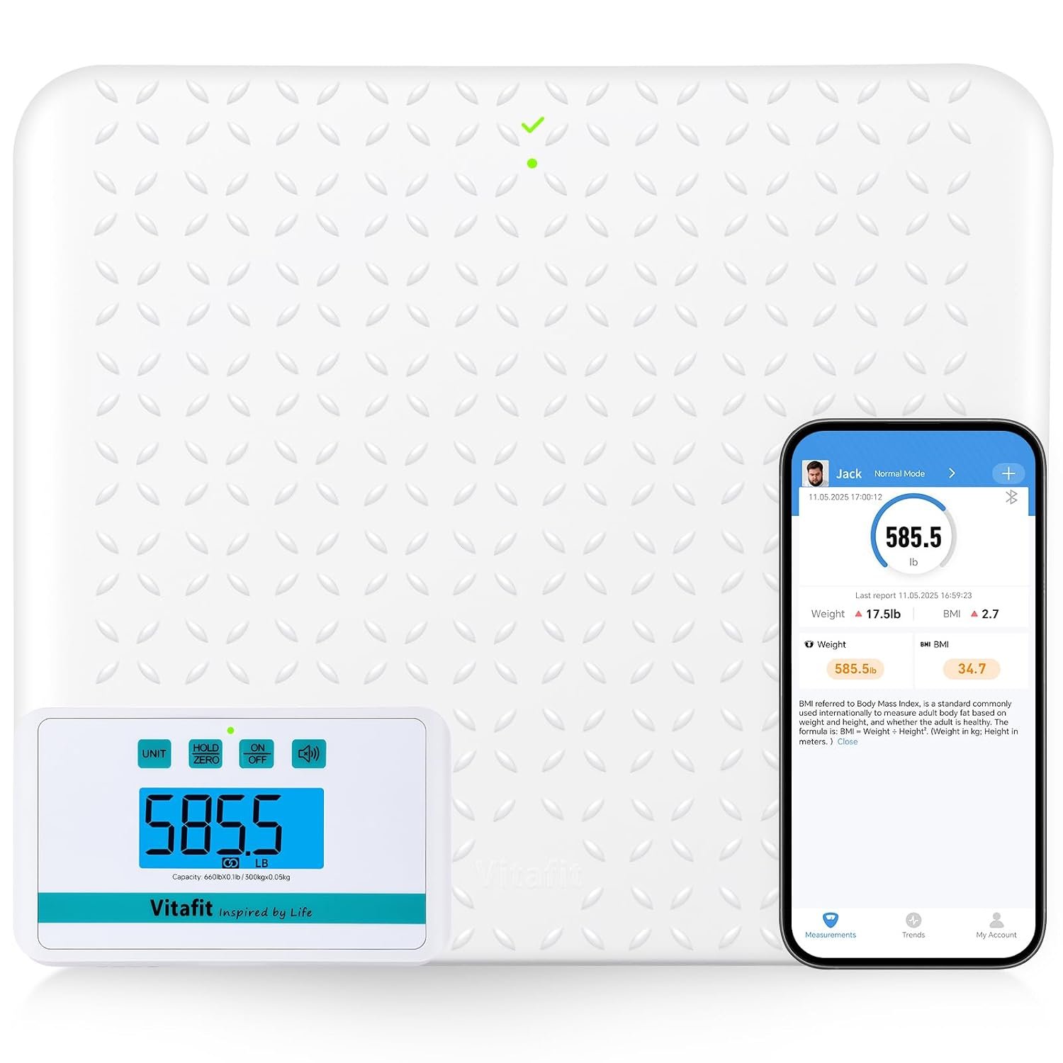 Vitafit Medical Grade Floor Scale, 660lb Accuracy 0.1lb by Our Professional Factory Since 2001, Smart Scale for Body Weight 15″ x 13″ Non Slip Platform, Hospital, Physician & Workshop Use, White