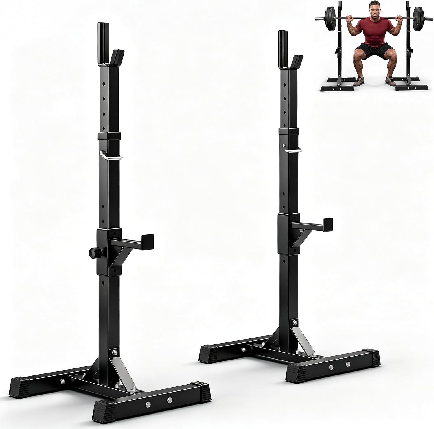 JupiterForce Adjustable Squat Rack Stands Pair of Sturdy Steel Bench Press Rack, Barbell Rack, 40”-66” 550lbs Max Load Portable Weight Lifting Dumbbell Racks Stands for Home Gym, Black