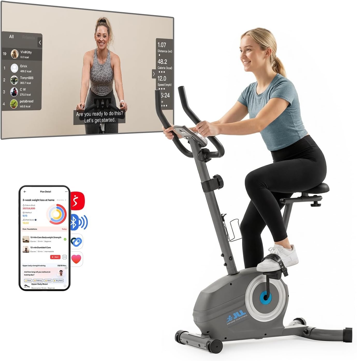 JLL Upright Exercise Bike, Stationary Bike for Home Gym, Magnetic Indoor Cycling Bike with SunnyFit App & Heart Rate Monitor