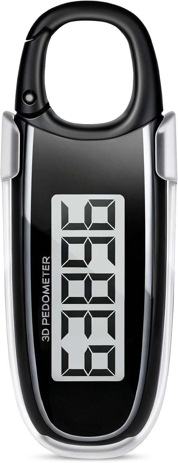 3D Pedometer for Walking, Step Counter with Clip & Carabiner, Accurate Fitness Tracker with Large Display & 10-Step Error Prevention for Seniors, Women, Men, Black