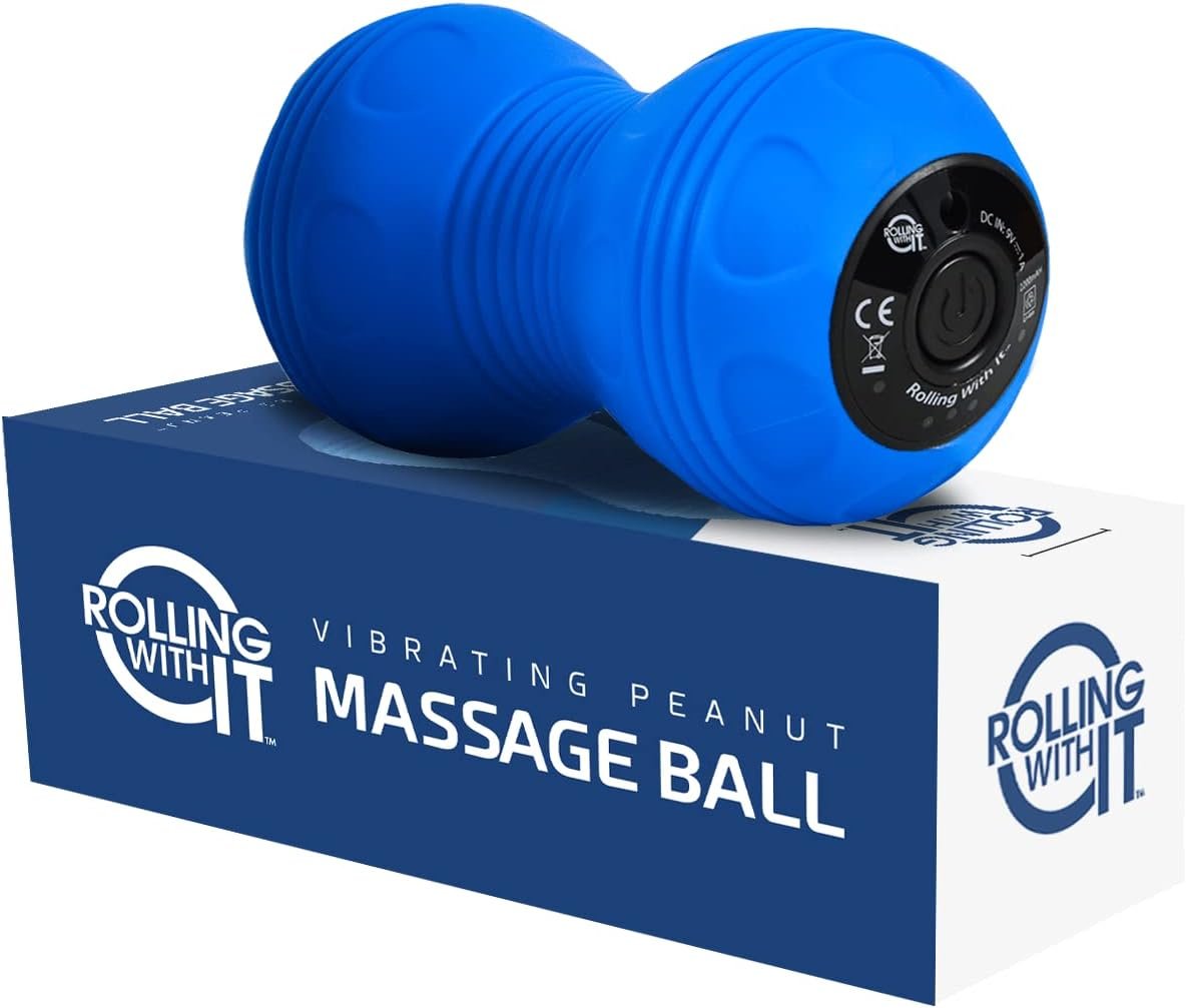 Rolling With It Vibrating Peanut Massage Ball – Deep Tissue Trigger Point Therapy, Myofascial Release – Handheld, Cordless – 4 Intensity Levels – Dual Lacrosse Ball Vibration Massager (Blue)