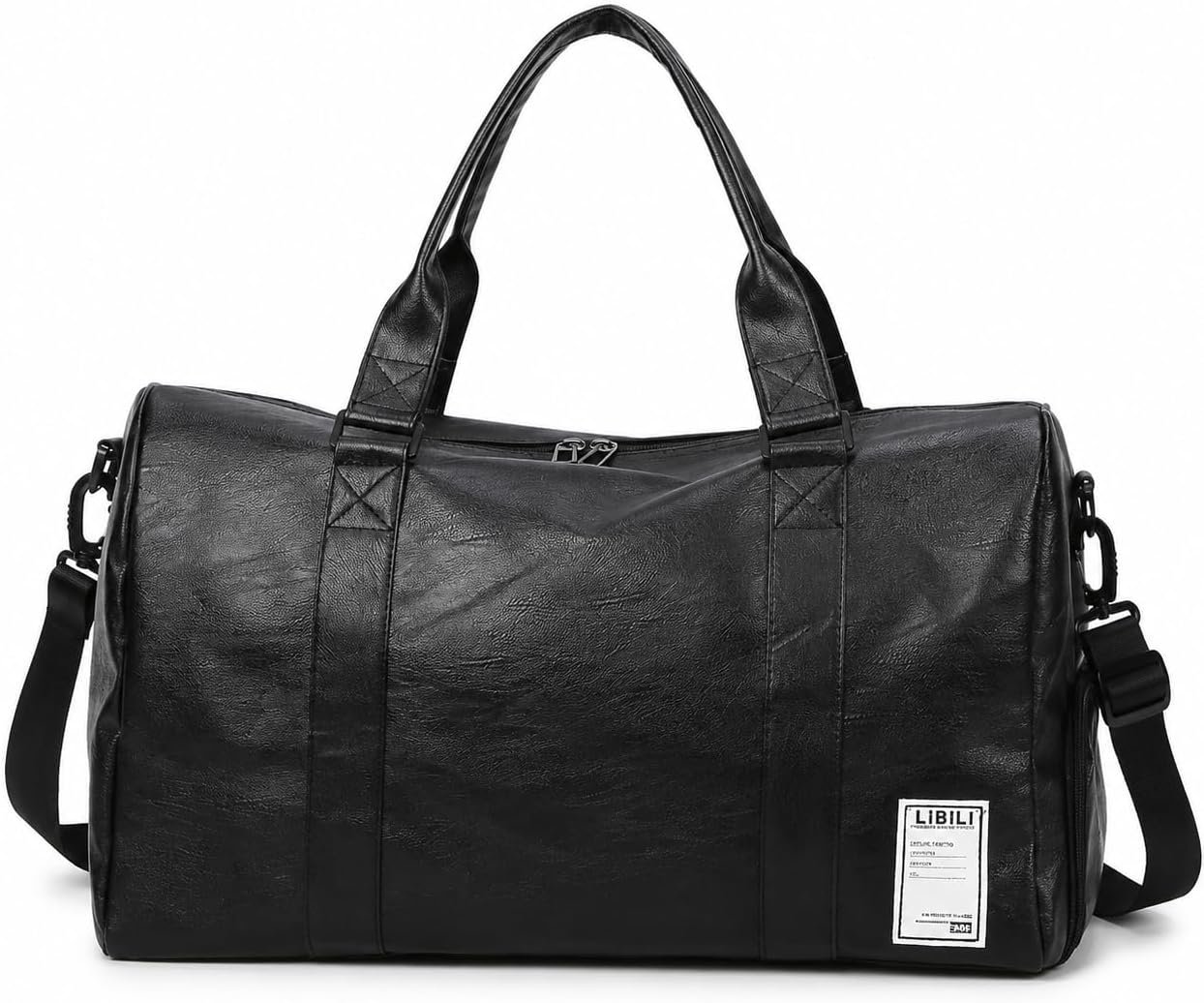 Sports Travel Gym Duffel Bag, Black, PU Leather, with Separate Shoe Compartment, Wet and Dry Separation