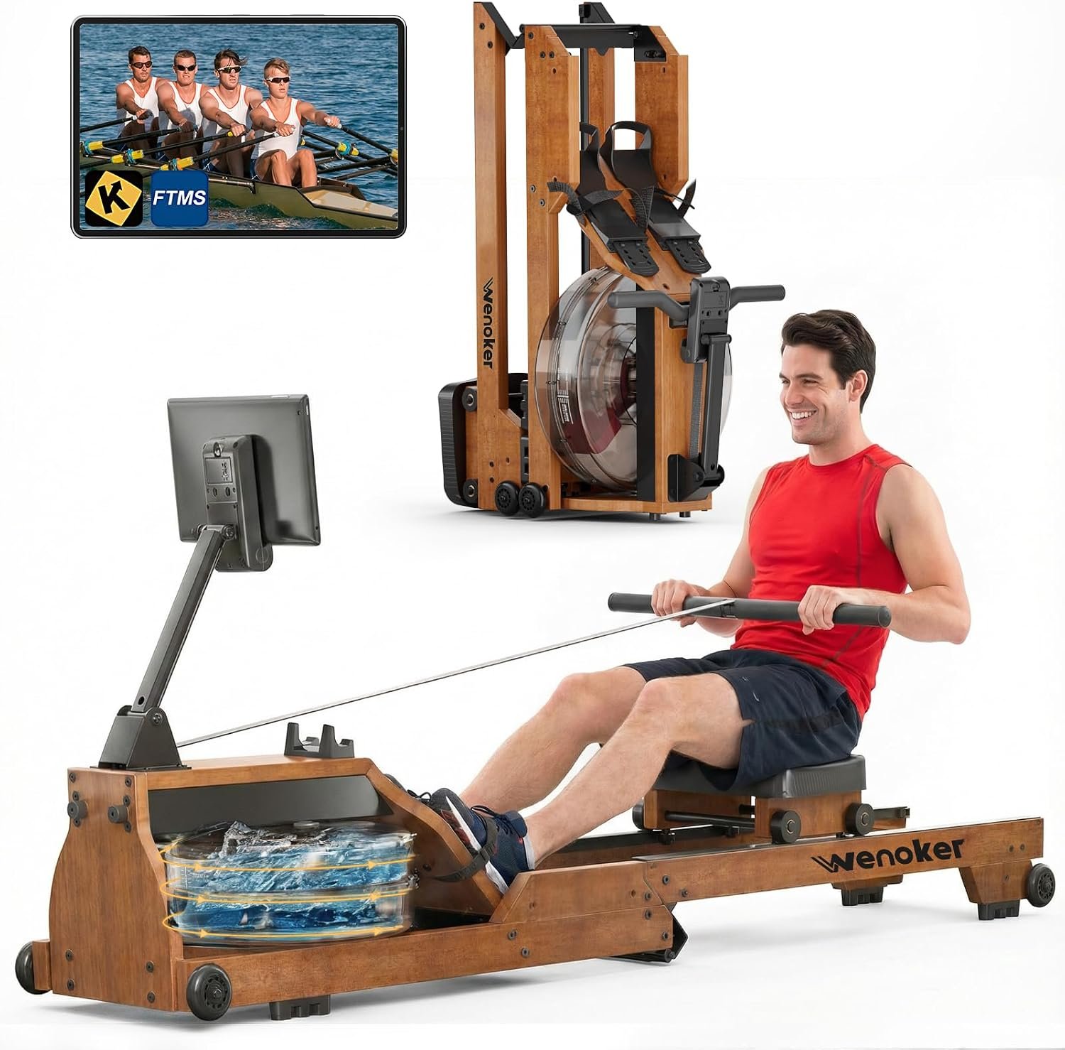 Water Rowing Machine for Home Use, WENOKER Foldable Wooden Rower Machine with Adjustable Monitor & Bluetooth APP, Large Water Tank & Comfortable Seat for Immersive Water Rower, 350LBS Weight Capacity