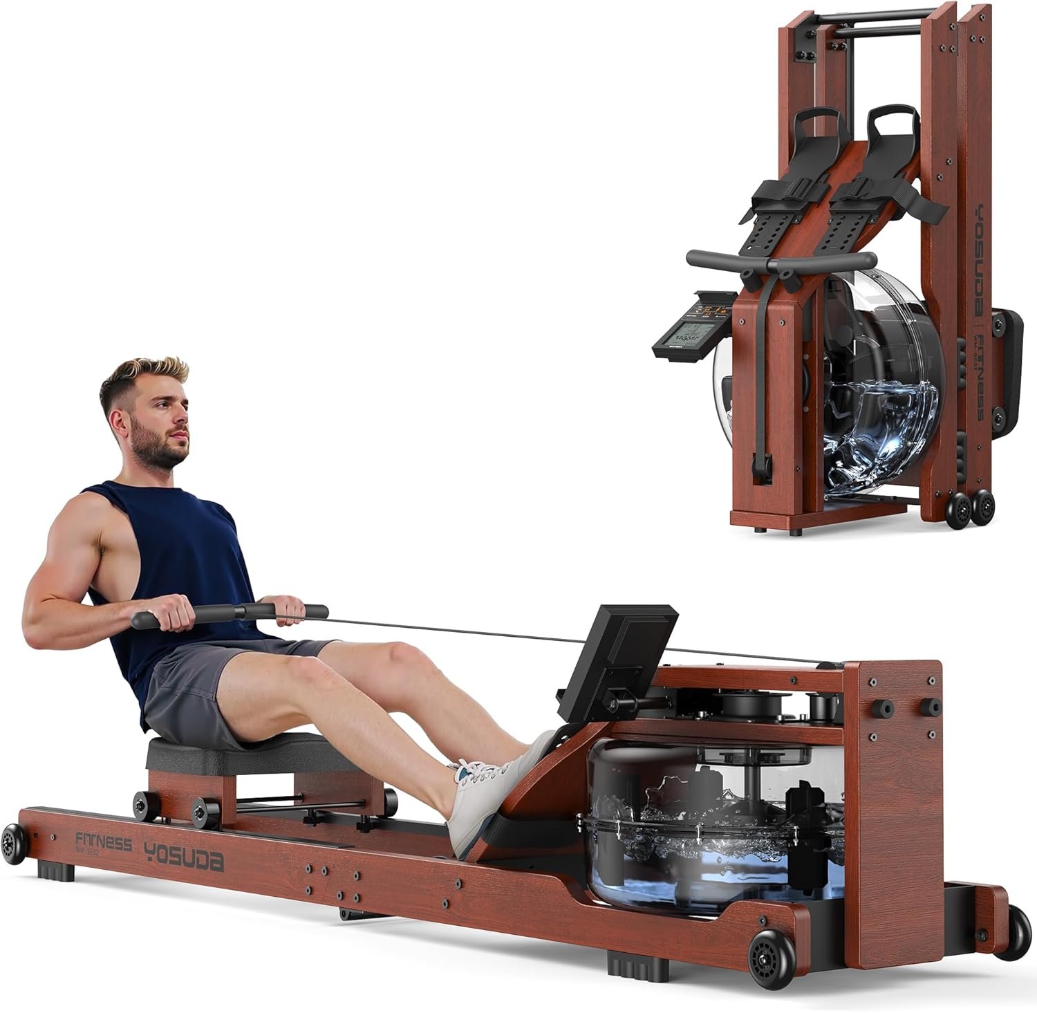 YOSUDA Water Rowing Machines for Home Use – Wooden Foldable Immersive Water Rower Machine 400LBS Weight Capacity with Dedicated Monitor & Bluetooth APP, Large Tank, Comfortable Seat