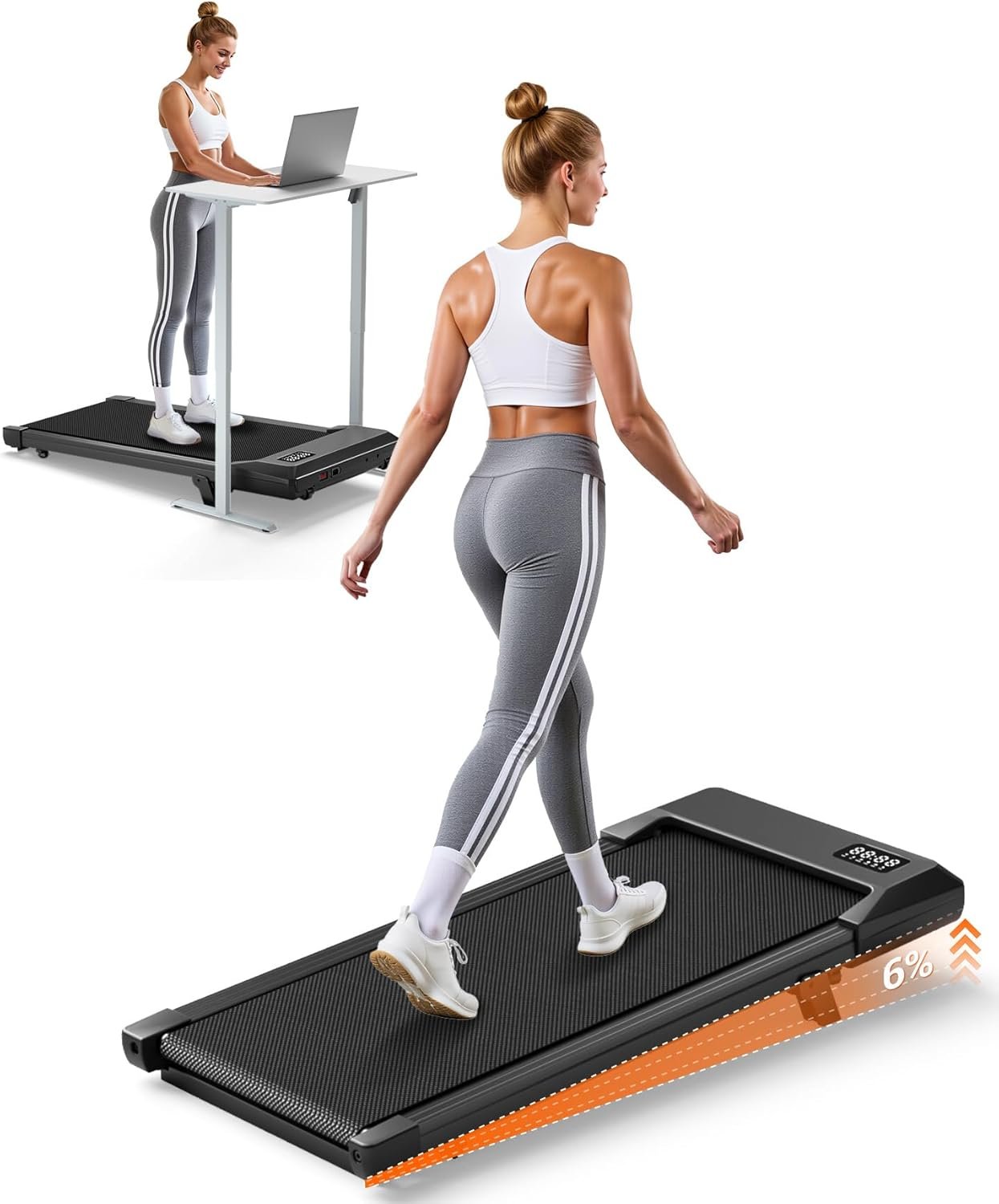Walking Pad with 6% Incline, 300LBS Capacity Under Desk Treadmill for Home Office, Quiet Portable Mini Treadmill with App & Remote Control, No Assembly, Slim Design for Small Spaces
