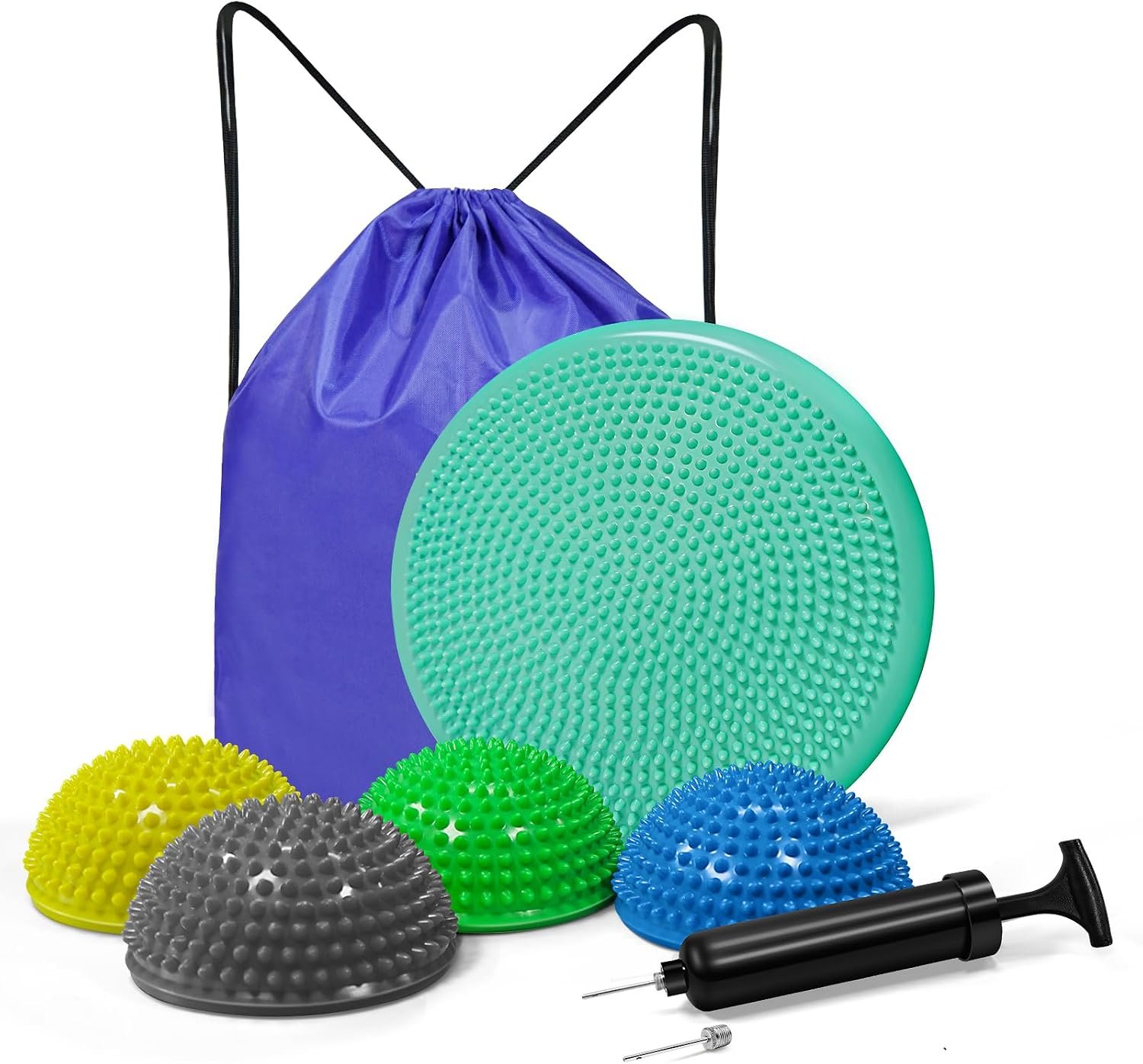 Wobble Cushion Set for Sensory Kids and Balance Training – Disc Plus 4 Pods, Board With Pump, Inflatable Stepping Pads for Adults