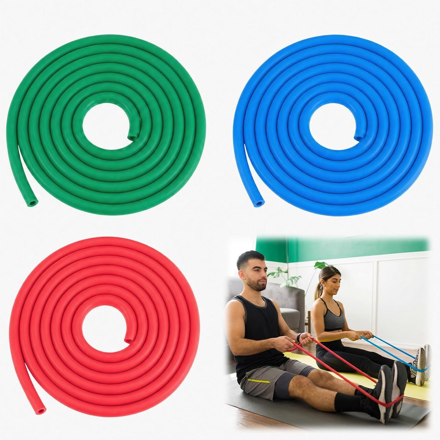 3 Roll Resistance Tube Bands, Heavy Duty Exercise Bands Light Medium Heavy, 10ft Long Latex Workout Tubing for Strength Training, Lower Pilates, Home Gym Fitness