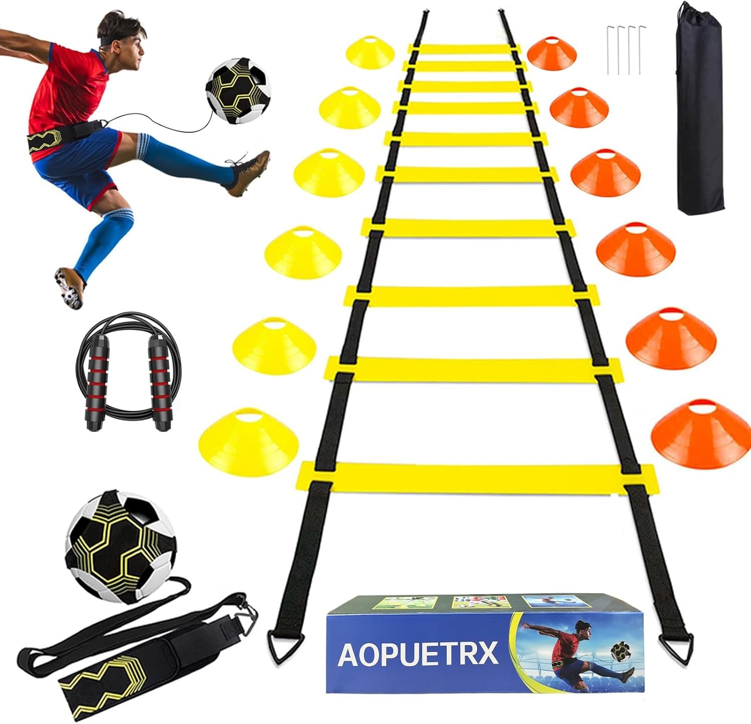 Agility Training Set for Soccer & Football – 20FT Speed Ladder, 12 Cones, and Training Aids for Kids Youth Sports Practice, Footwork Drill Kit