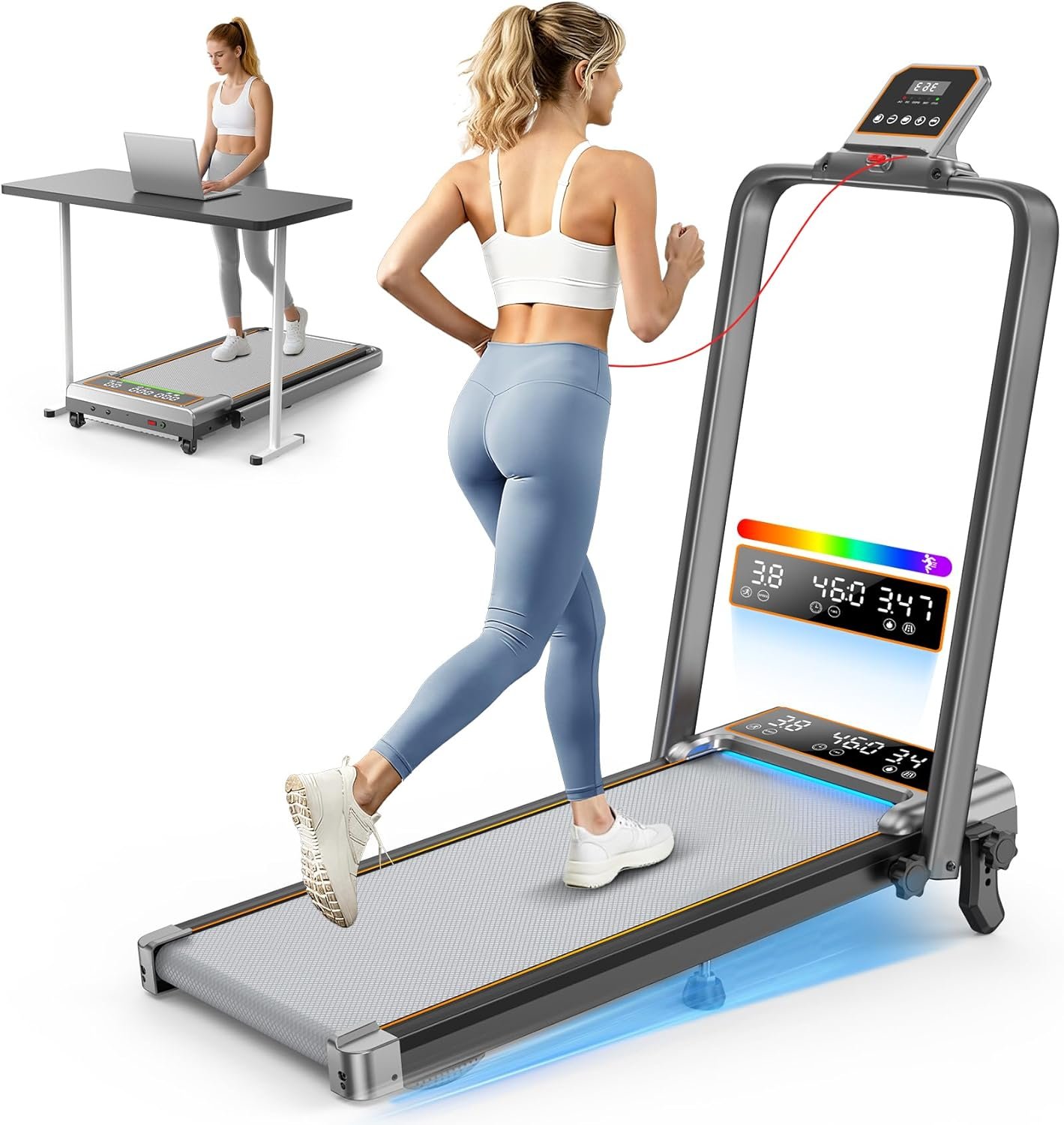 Walking Pad Treadmill with 15% Incline/Handle Bar/2 Screen Display, 3.5HP Foldable Walking Pad Treadmill, Portable Treadmills for Home with 4 Adjustable Incline, 350+lb Capacity, Smart App, RGB Light