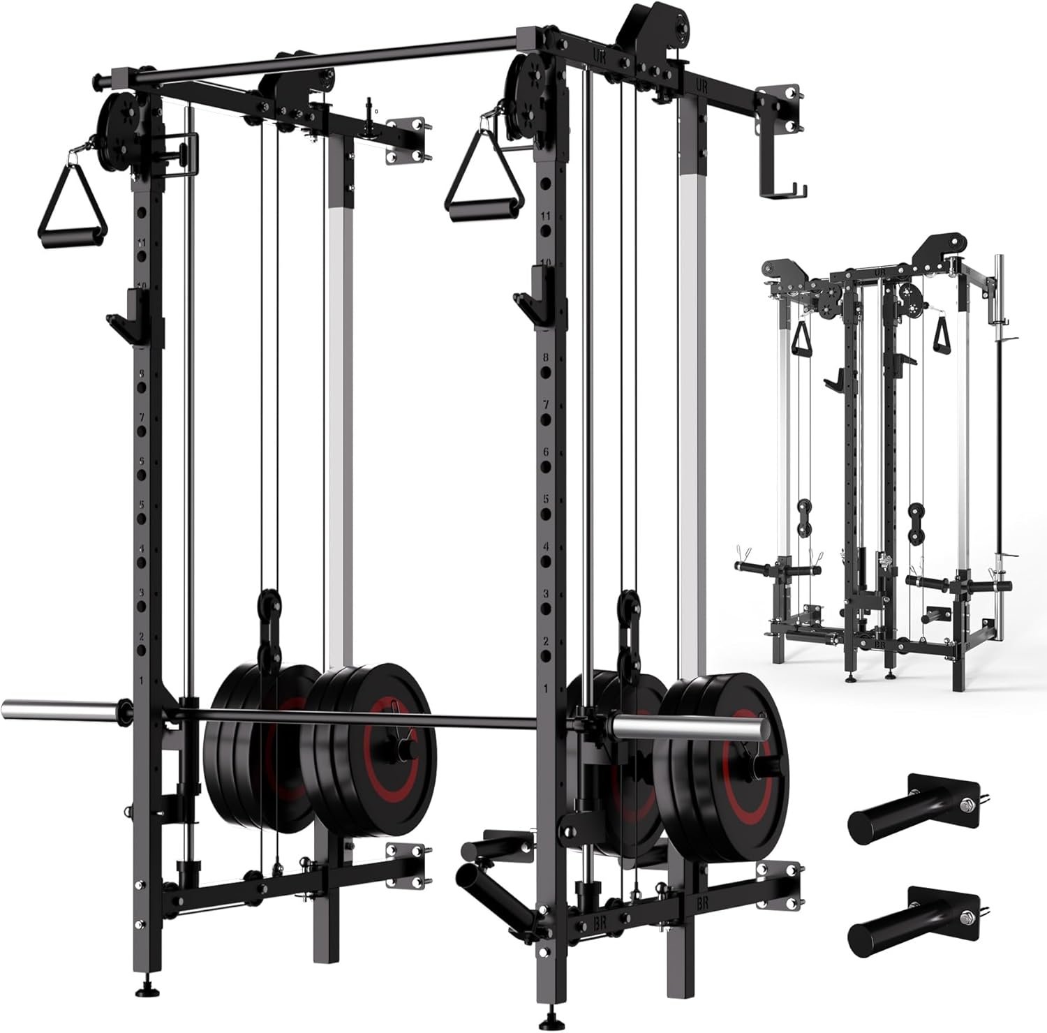 Garvee Wall Mount Smith Machine, Folding Power Rack with Independent Dual Pulley System, Multi-Function Squat Rack, Heavy Duty Power Cage Workout Equipment for Home Gym Strength Training