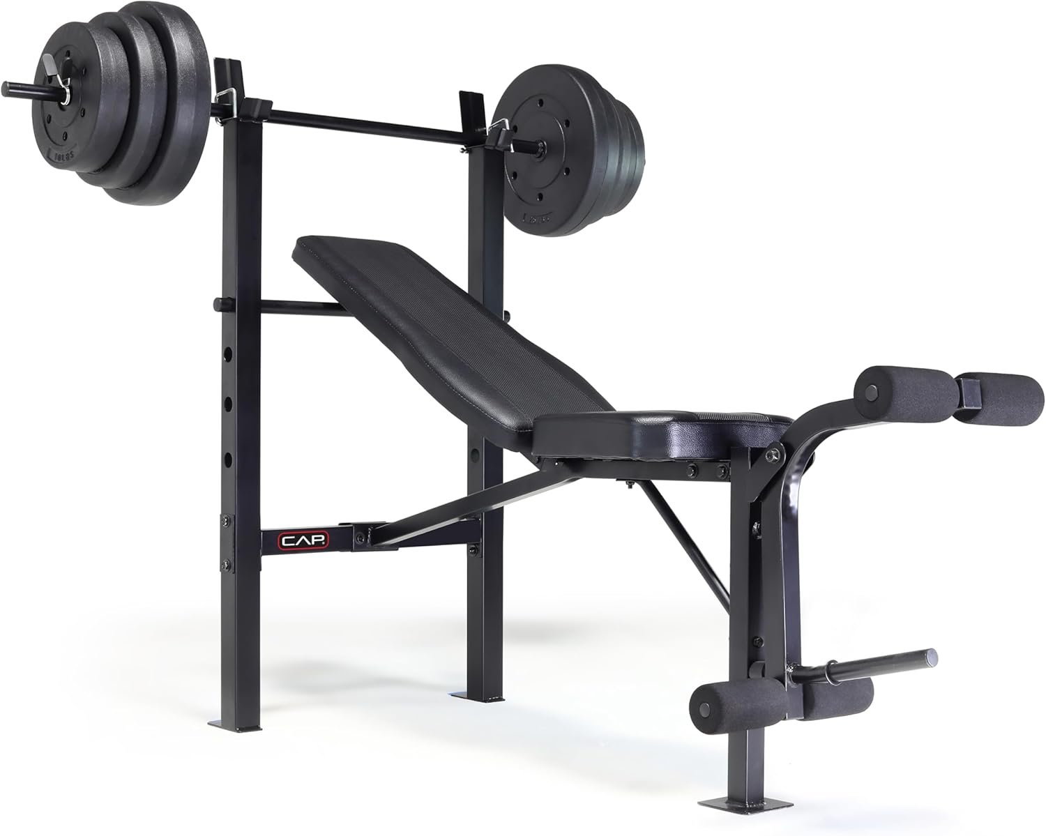 CAP Barbell Standard Weight Bench with Leg Developer and a 100 LB Vinyl Weight Set – Adjustable Backrest, Barbell, and Cement Plates for Home Gym