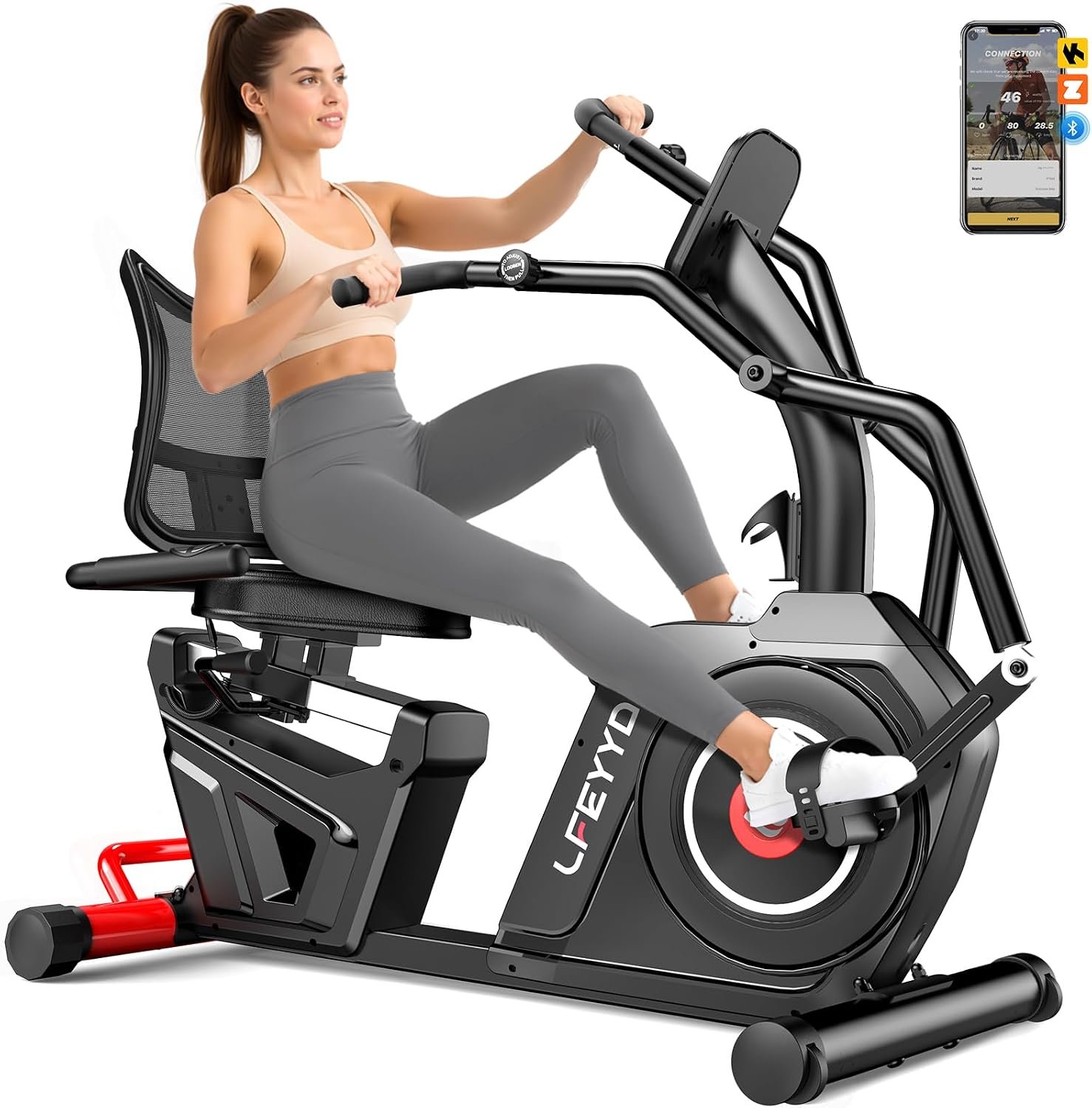 Recumbent Exercise Bike for Home, Stationary Bike with Arm Exerciser, 16-Level Magnetic Resistance, Bluetooth App, LCD Monitor, Heart Rate, Heavy-Duty Frame, Low-Impact Cardio & Physical Therapy, 450LBS Capacity