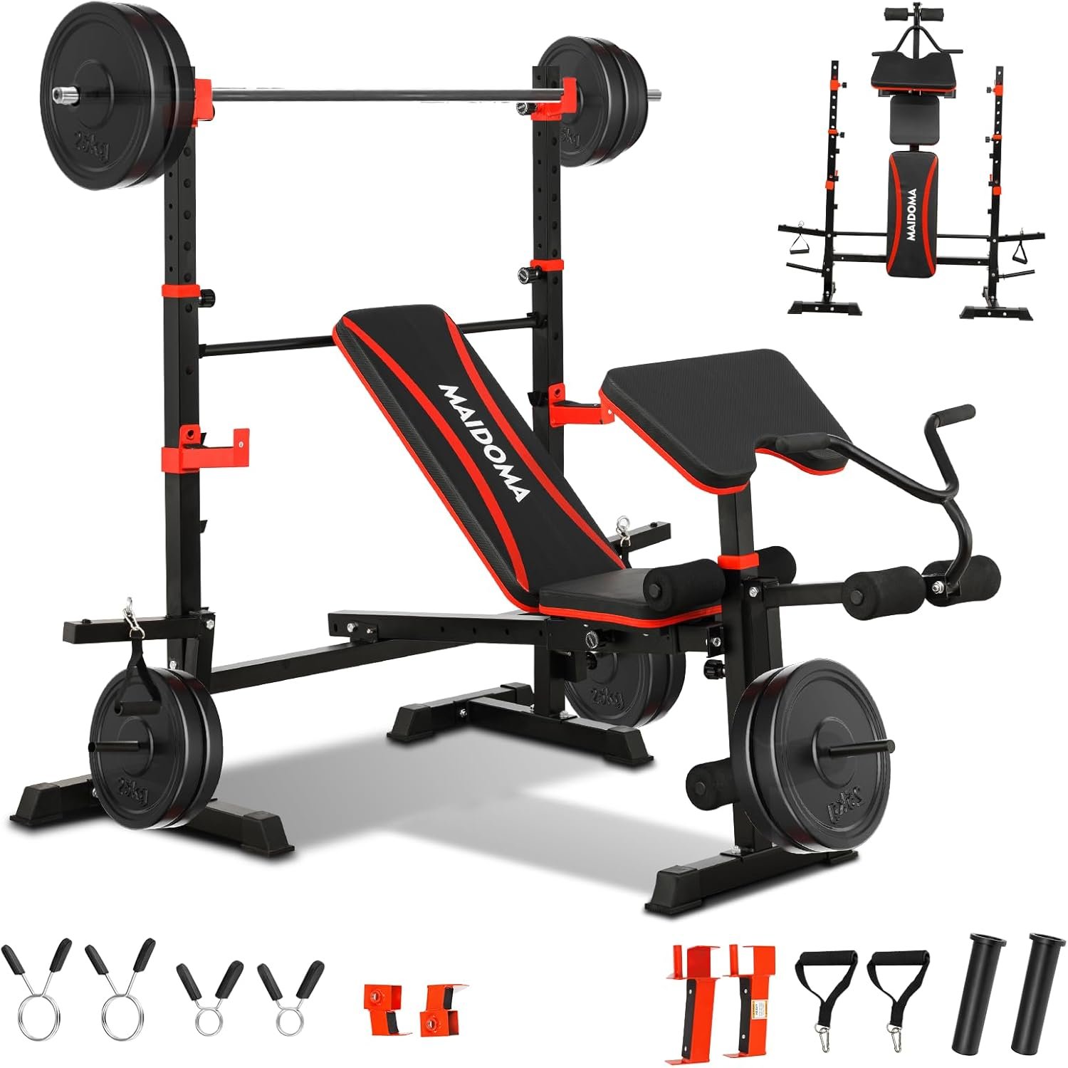 MAIDOMA Foldable 1500LBS Capacity 8 IN 1 Weight Bench Set with Leg Extension/Squat Rack/Preacher Curl, Adjustable Bench Press for Home Gym Full Body Workout (US Stock)
