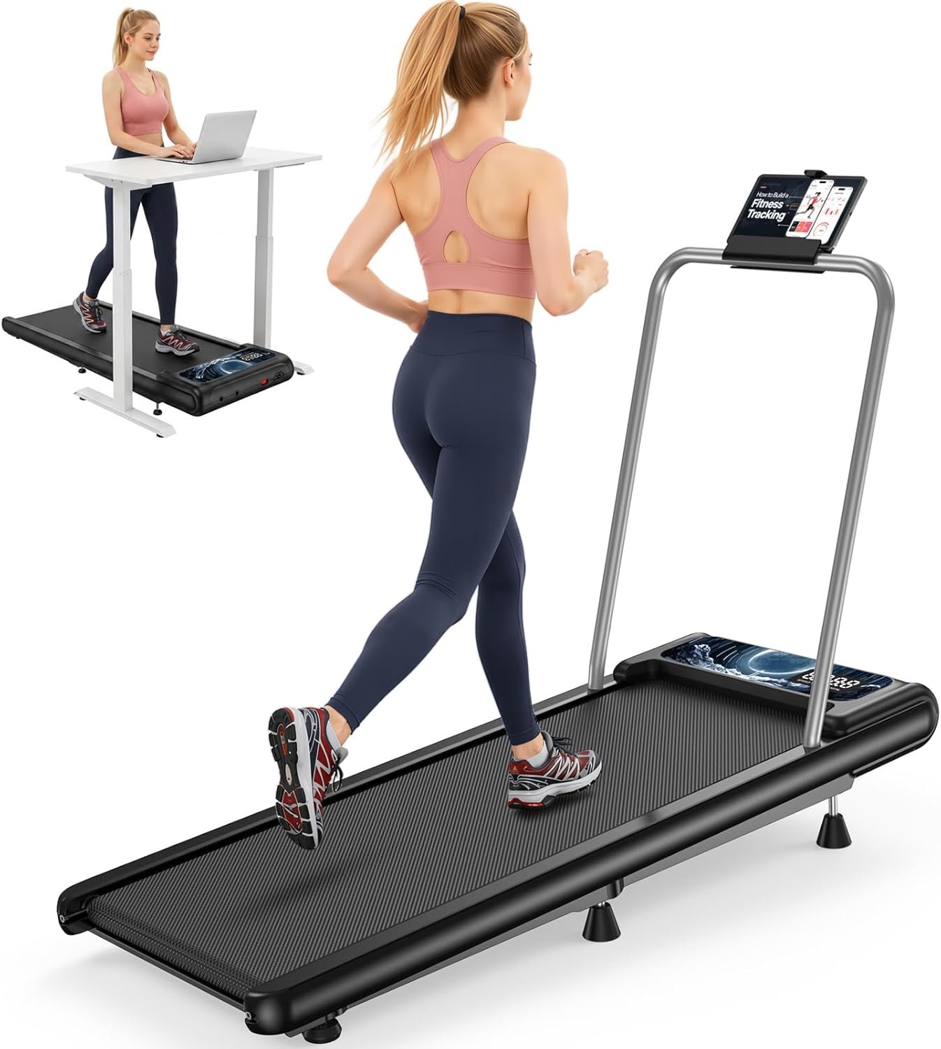 Walking Treadmill Pad with 8% Incline, 4-in-1 Portable Walking Treadmill Under Desk with Handle bar, 265 lbs Capacity, App & Remote Control, Quiet Space Saving Design for Home Office