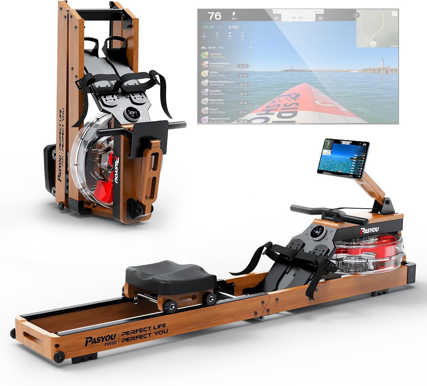 PASYOU Water Rowing Machines for Home Oak Wood Foldable Rower Machine 350LB Weight Capacity, 6 Levels Adjustable Row Machines with Monitor & Tablet Holder & 14L Tank, Bluetooth with Kinomap APP
