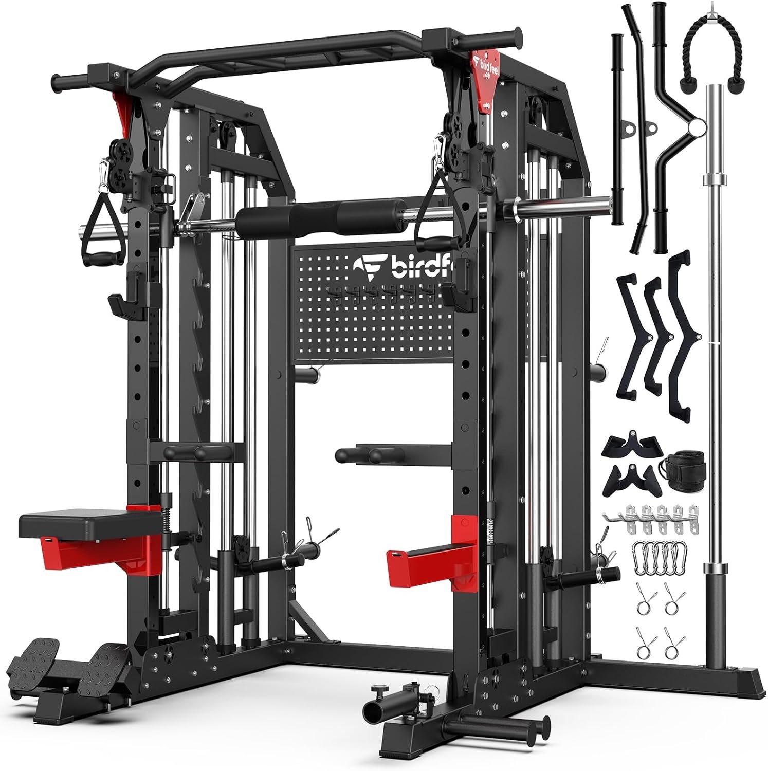 Multi-Function 2000LB Smith Machine Power Cage, Home Gym Squat Rack Featuring LAT Pulldown, Dual Pulley Cable Crossover, Gym-Quality Power Rack with Strength Training Attachments, Pegboard