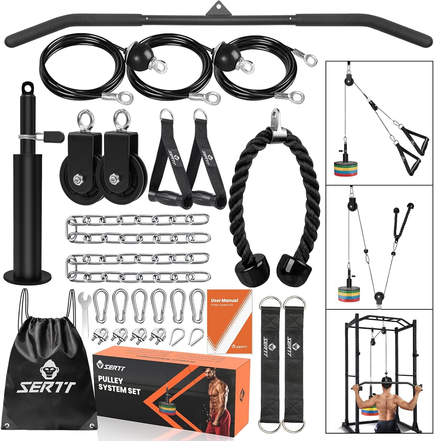SERTT Home Gym Pulley System – Tricep Workout, Lat Pulldown, Biceps Curl, Triceps, Shoulders, Back, Forearm, Weight Cable for Squat Rack, Garage