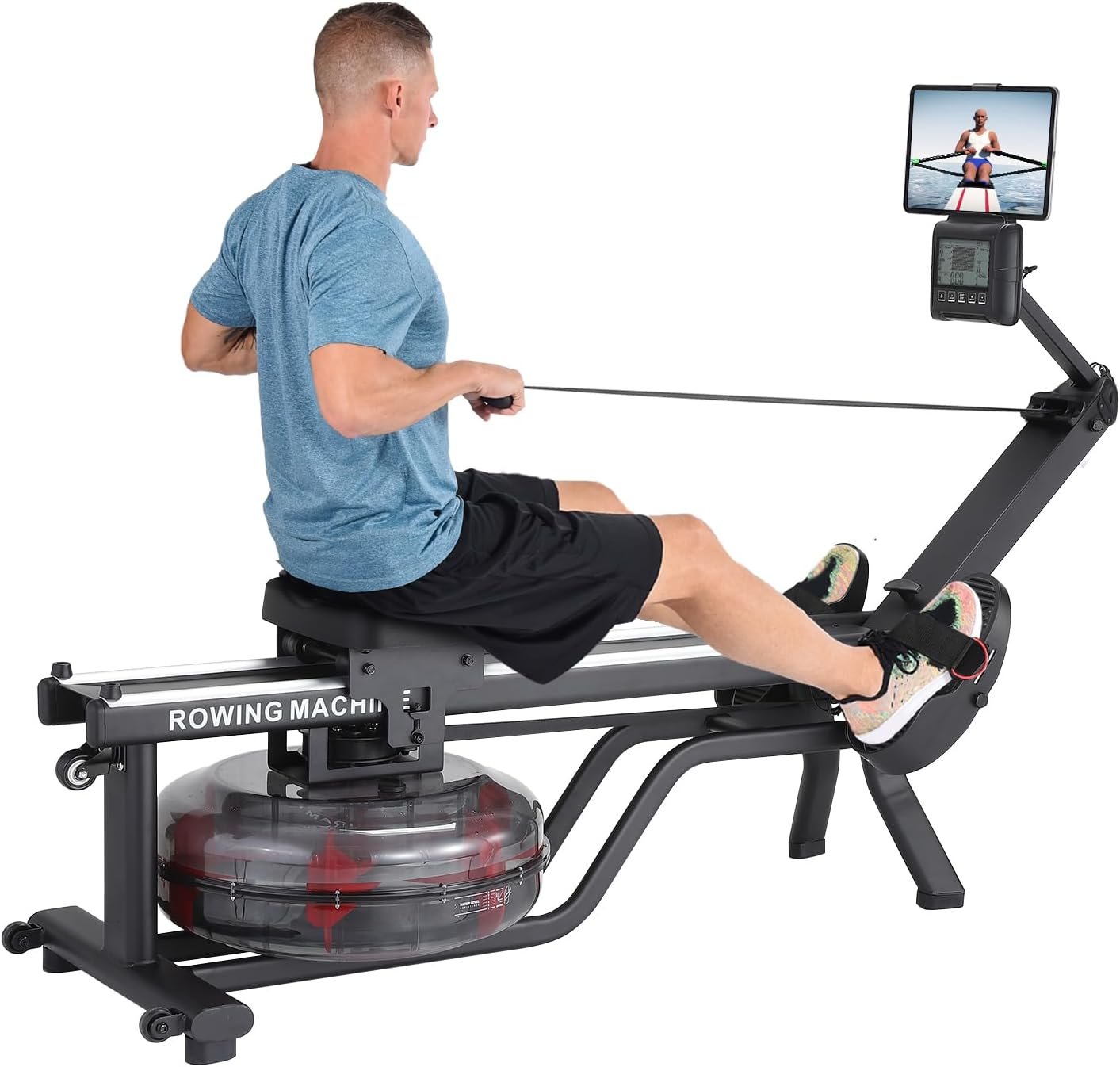 GarveeHome Water Rowing Machines for Home, 380 Lbs Capacity Rower Machine with Led Digital Monitor, Wide Ergonomic Seating and Tablet Holder, App Compatible