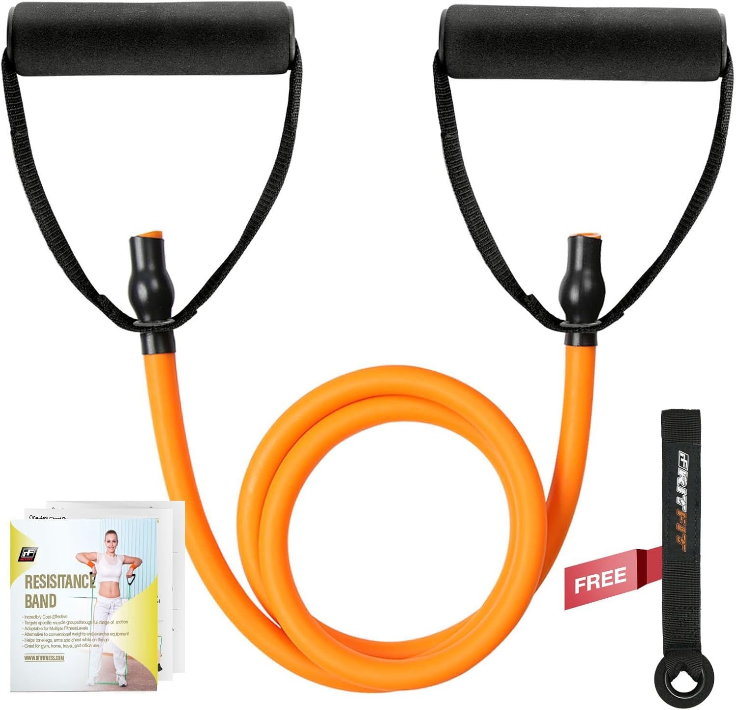 RitFit Single Resistance Exercise Band with Comfortable Handles – Ideal for Physical Therapy, Strength Training, Muscle Toning – Foam Padding Door Anchor and Starter Guide Included