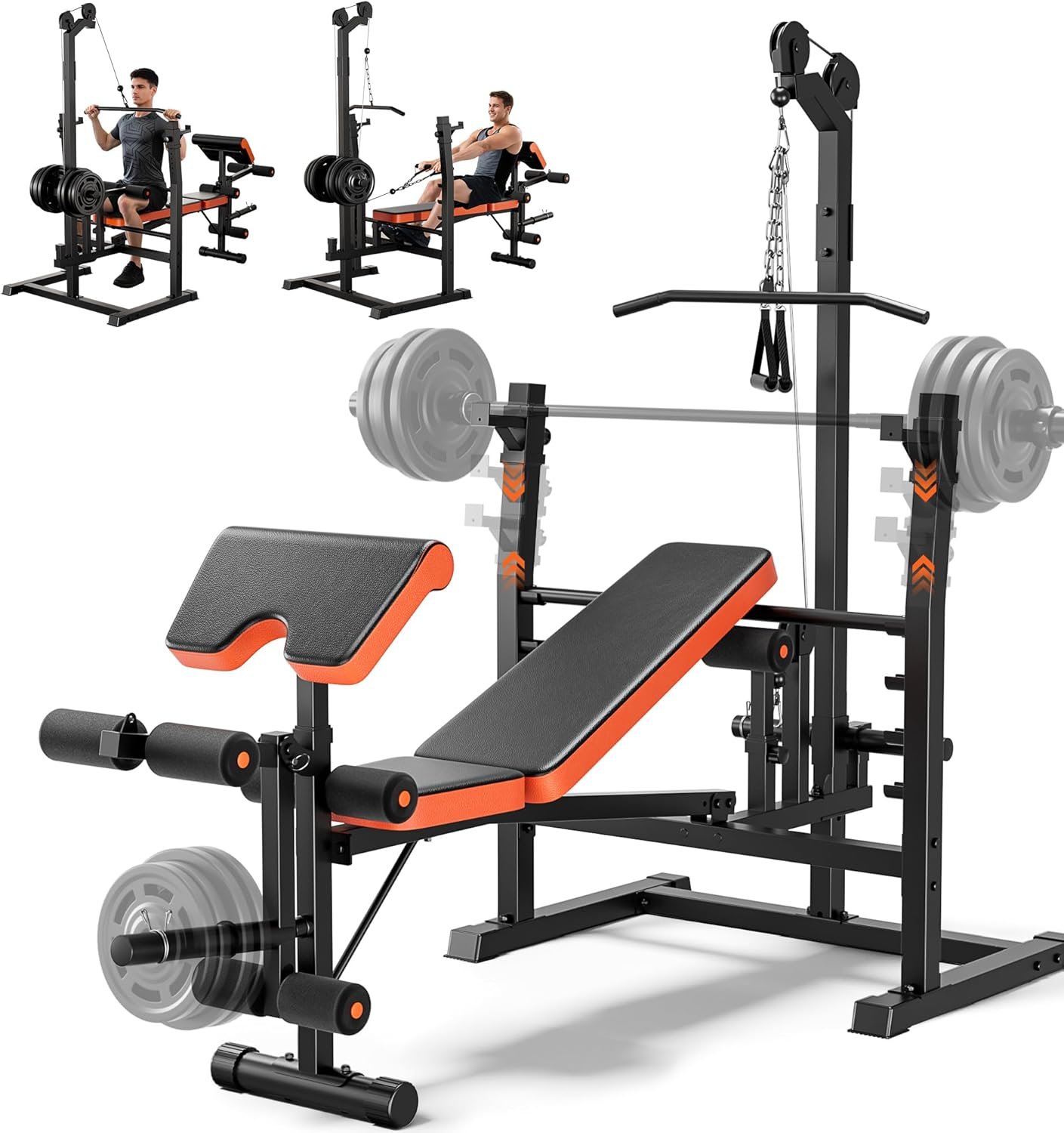 9-in-1 Adjustable Olympic Weight Bench with Lat Pulldown, Row, Squat Rack & Leg Curl – Multi-Function Strength Training Bench Press for Home Gym Full Body Workout