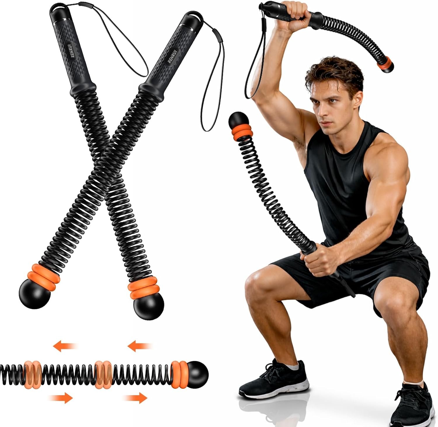 Cordless Battle Ropes with Adjustable Resistance Springs – Weighted Ropeless Battle Rope for Home Gym Exercise, Portable Workout Equipment for Strength Training & Cardio Fitness Orange& Black