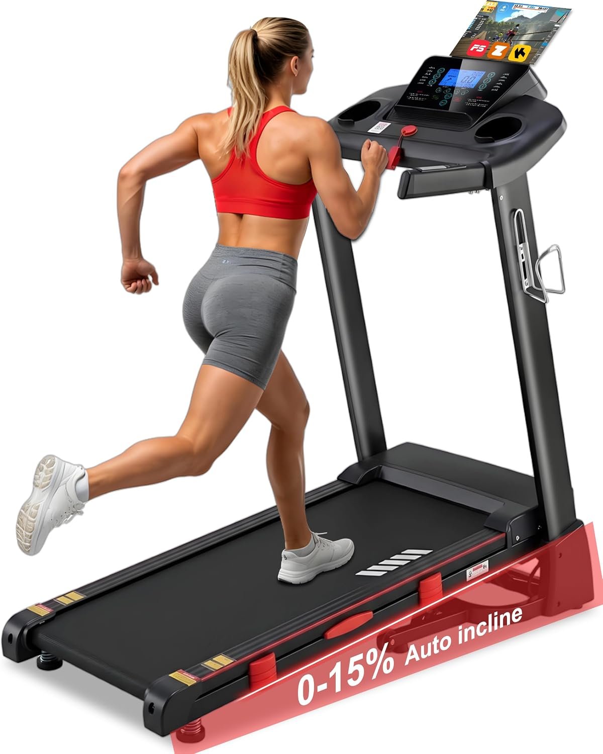 HUAGEED 15% Auto Incline Treadmills for Home, 10 MPH Speed, 3.0 HP Foldable Treadmill, 18″ Wider Belt, 36 Programs, Running Treadmills for Home with Bluetooth APP