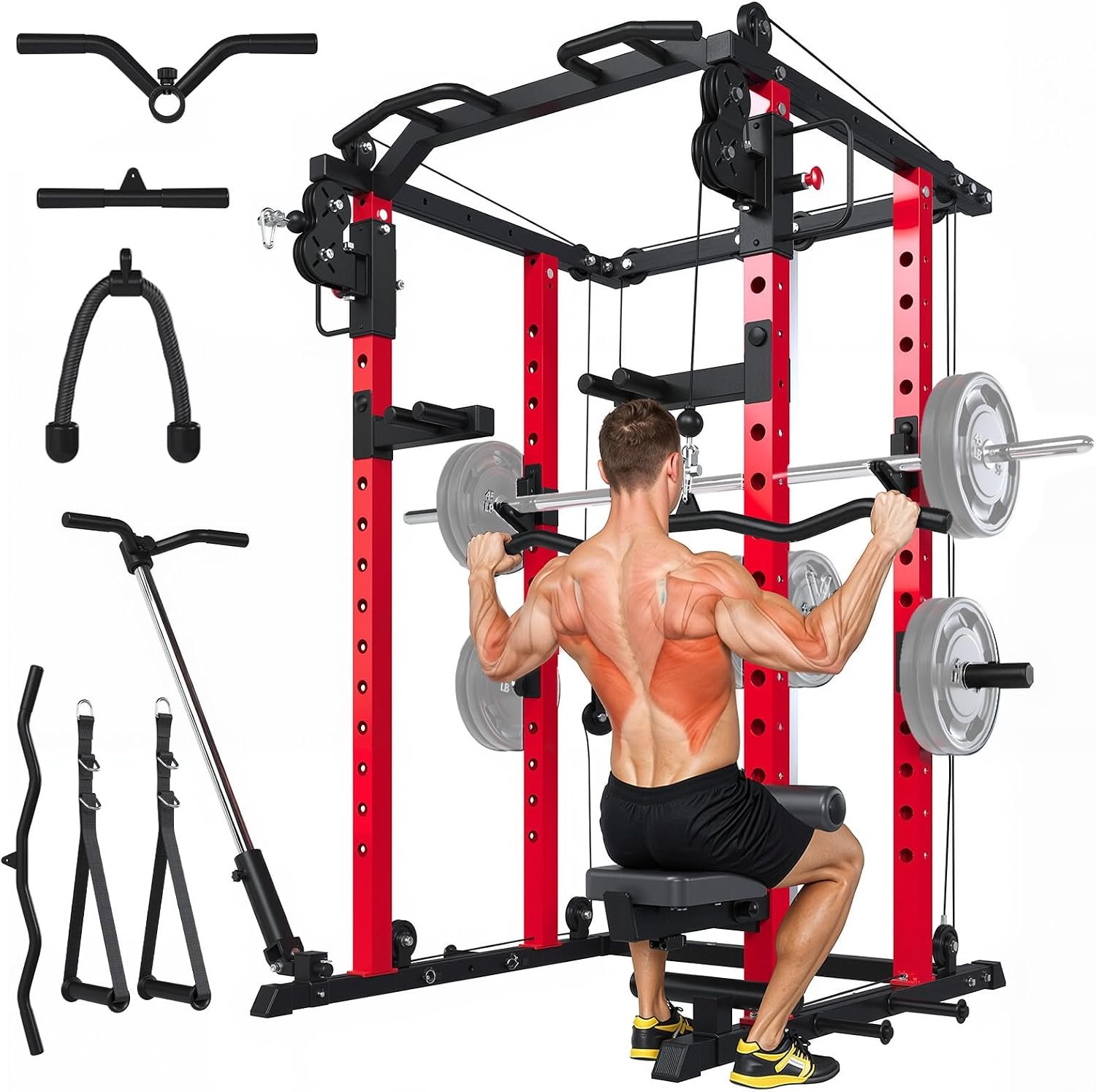 Power Rack and Smith Machine with LAT Pulldown & Dual Pulley, 2000lbs Squat Rack for Home Gym, All-in-One Strength Training Cage with Cable Crossover, Bench Press