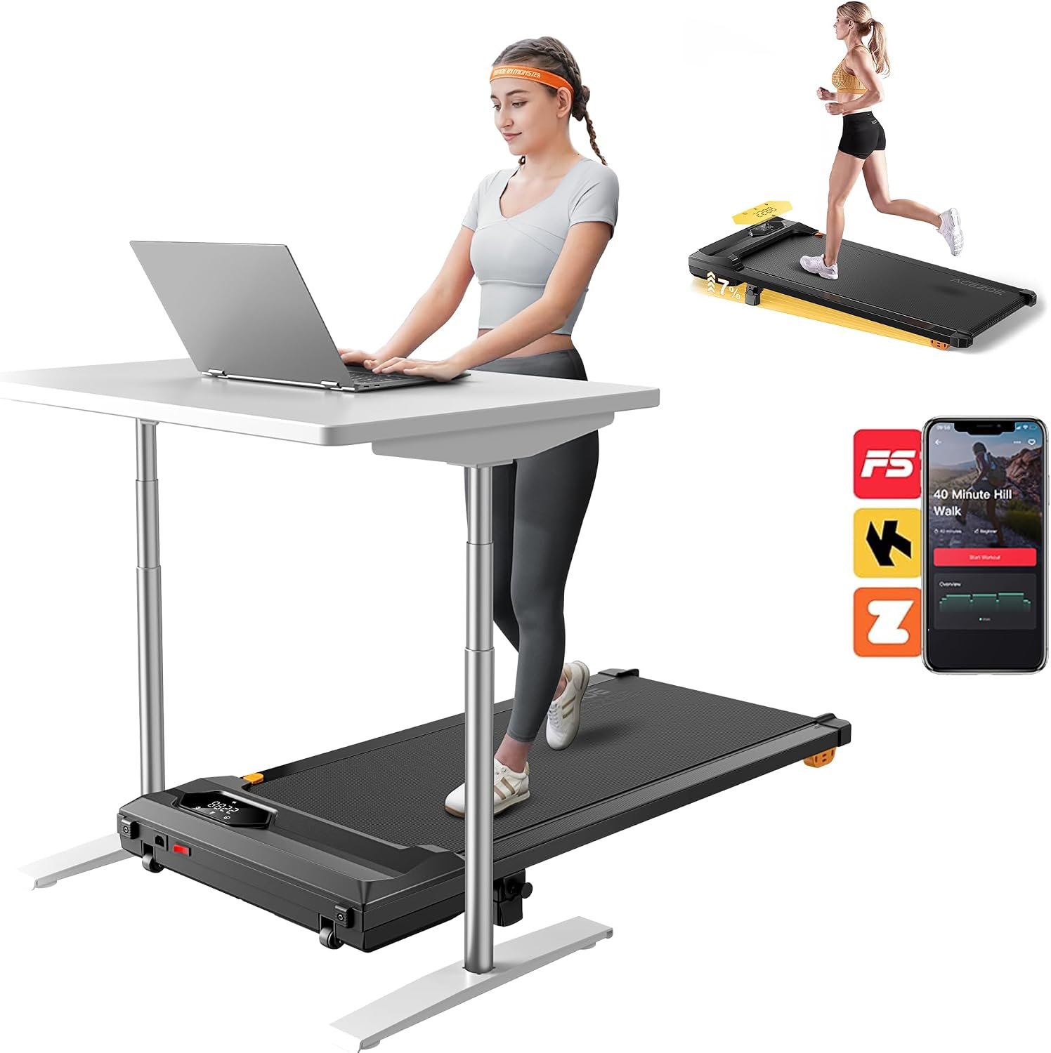 ACEZOE Walking Pad Treadmill with 10% Incline, Under Desk Treadmill, Compact Portable Treadmills for Home Office, 285lbs Capacity, APP/Remote Control, Exercise Anytime, Low-Noise