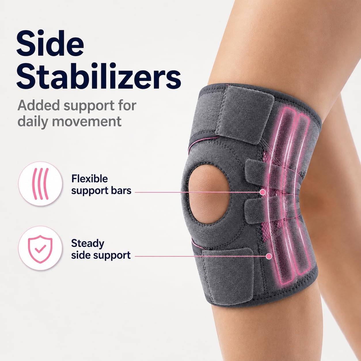 Knee Brace for Men & Women with Side Stabilizers & Patella Gel Pad, Compression Knee Support with Adjustable Knee Wrap for Running, Basketball, Gym & Knee Pain Relief (Deep gray rose red)
