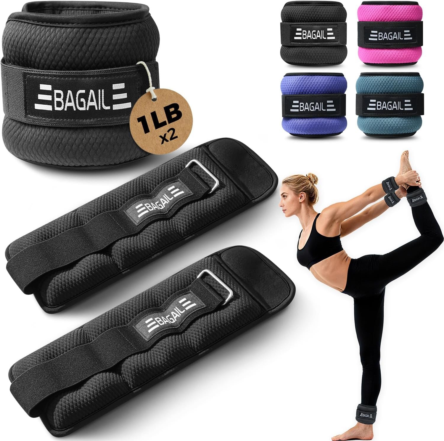 BAGAIL Ankle Wrist Weights for Women & Men, Set of 2 (Available in 0.5/1/2/3/4/5 lb Each), Wearable Leg Arm Weights with Sleek Design & Secure Fit for Walking, Running, Pilates, Home Fitness