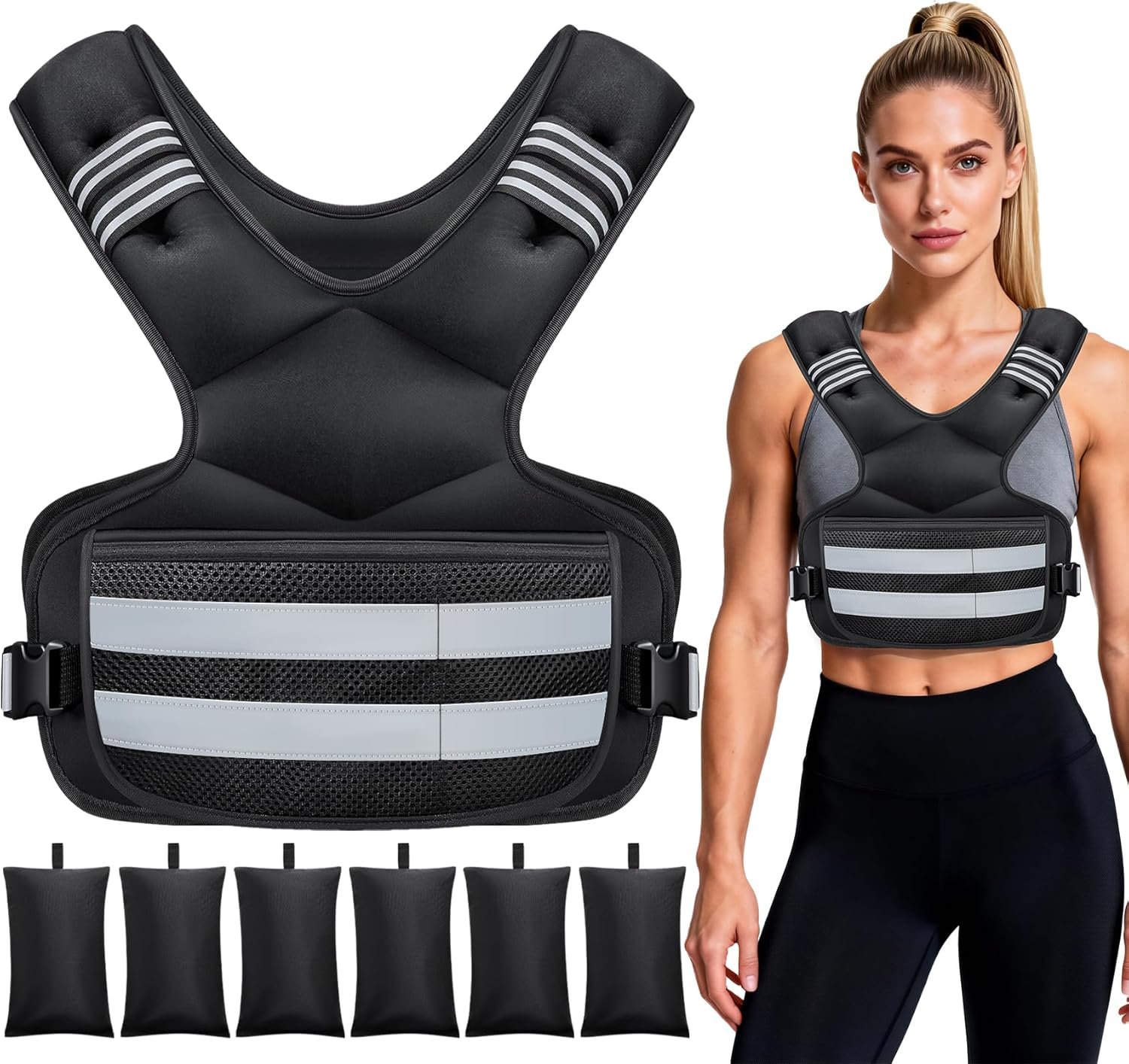 Adjustable Weighted Vest for Women and Men, 4-11lb/11-18lb/20-32lb Removable Weights Rucking Vest with 6 Ironsand Bags, Phone Pocket and Reflective Stripes for Running, Walking and Strength Training