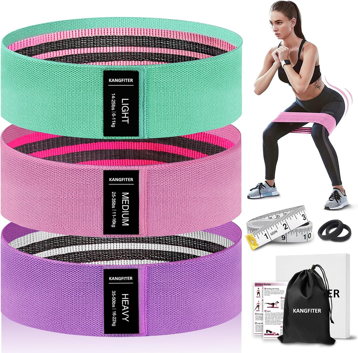 KANGFITER Non-Slip Fabric Resistance Bands for Working Out, Loop Exercise Bands for Booty Leg, Butt, Glute, Stretch Workout Bands for Women & Men, Hip Elastic Bands for Home Gym Fitness, Yoga, Pilates