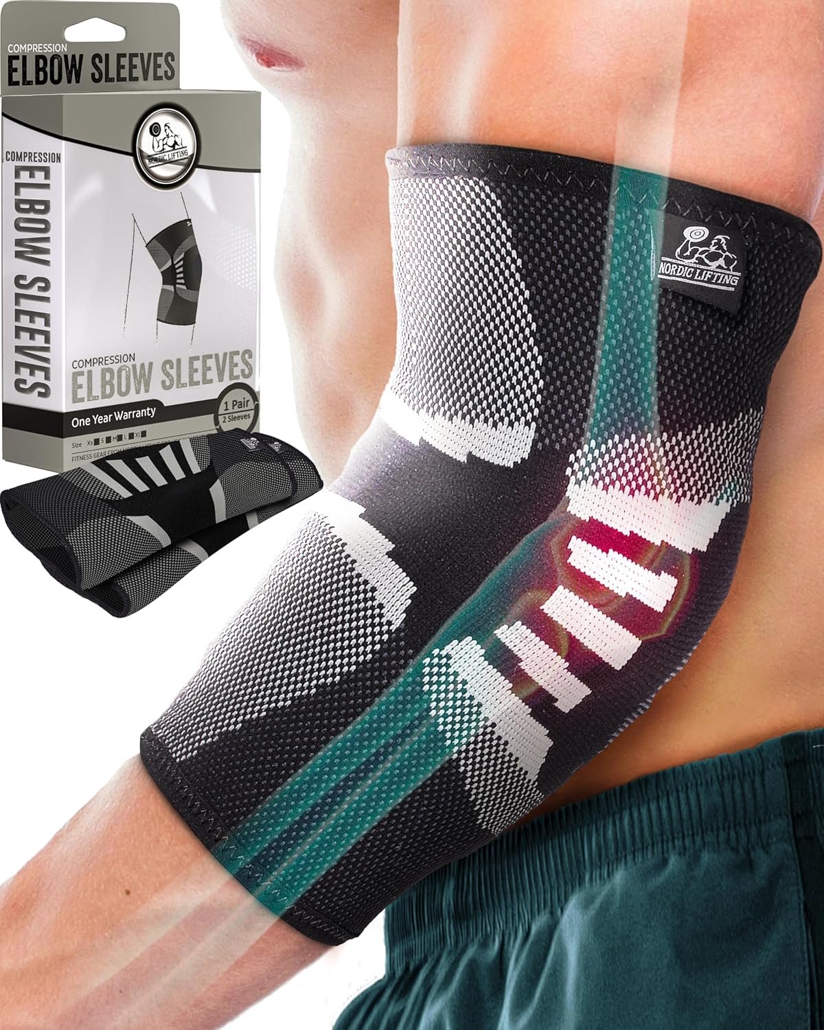 Nordic Lifting Elbow Compression Sleeves (1 Pair) – Elbow Brace for Tendonitis, Tennis & Golfers Elbow – Weightlifting Support for Men & Women – Pain Relief & Joint Recovery