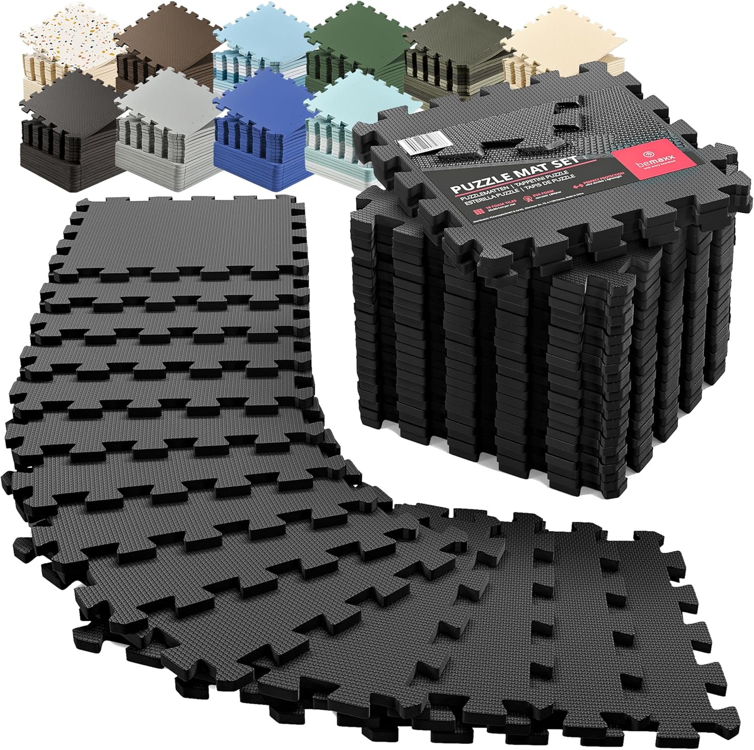 bemaxx Gym Mats Set – 18 pcs EVA Interlocking Foam Floor Tiles (12.6″x12.6″x0.4″) 18sqft Protective Gym Flooring Sports Home Workout Exercise Mats Puzzle Garage Fitness Play-Room Pool Treadmill Bike