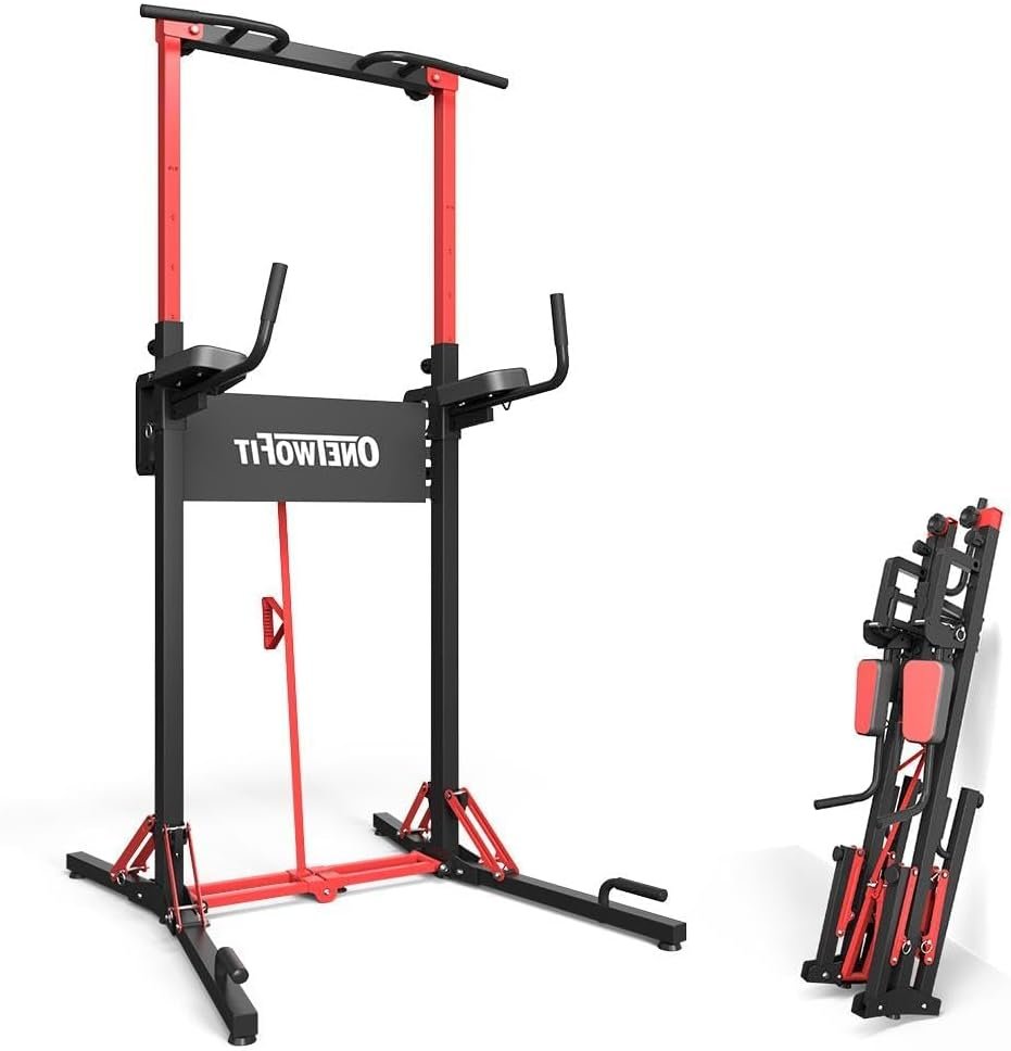 ONETWOFIT Foldable Power Tower Pull Up Bar Dip Station, Multi-Function Adjustable Height, Strength Training, 400LBS Capacity