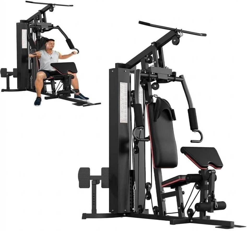 Multifunctional Home Gym Equipment – 150LB Weight Stack Workout Station for Full Body Strength Training, High/Low Pulley System with Leg Press & Butterfly Arms