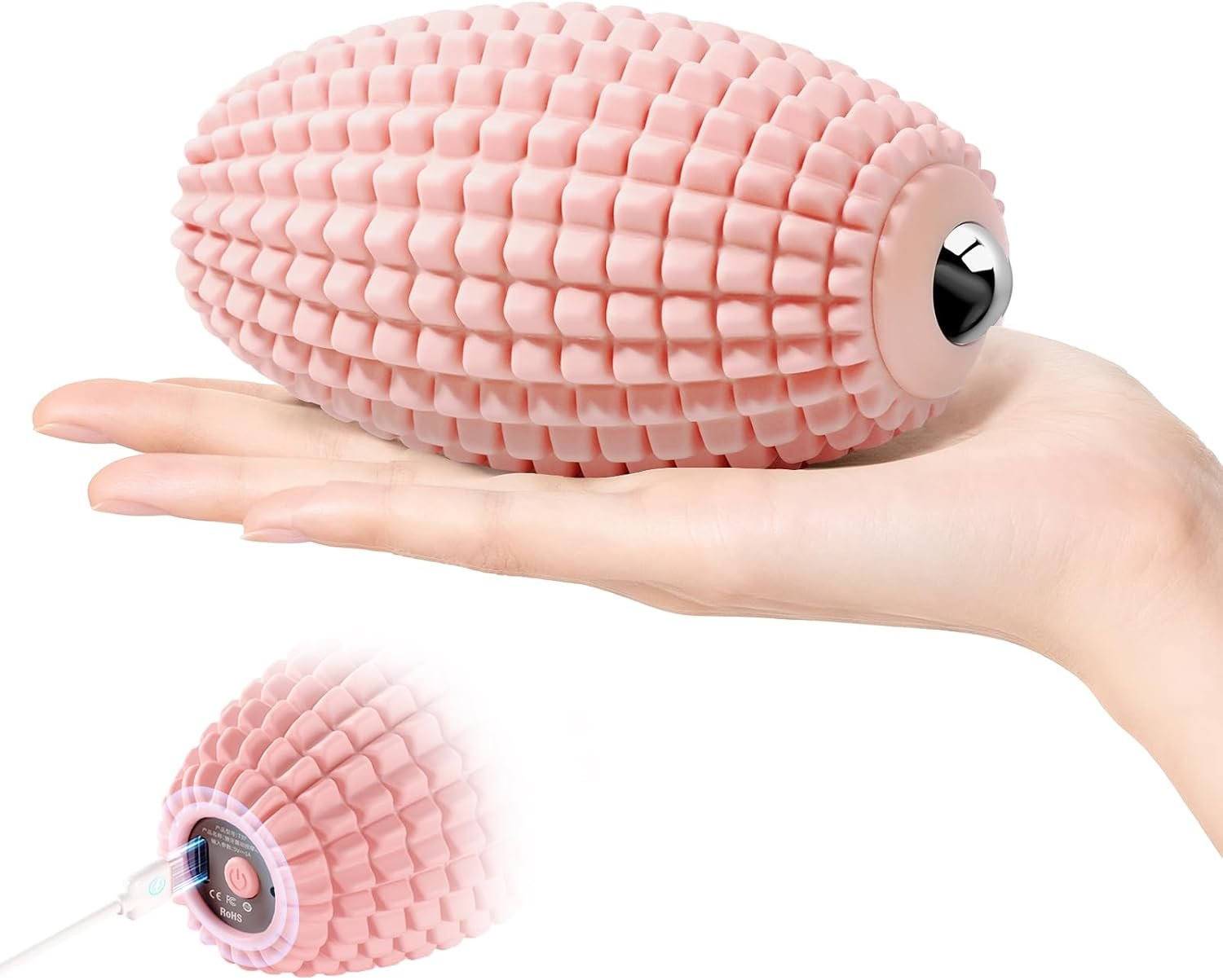 Silicone Vibrating Massage Ball with Rolling Head, 3-Speed Myofascial Massage Roller for Plantar Fasciitis Relief, Hip & Psoas Release, Trigger Point Therapy for Neck, Back, Foot (Pink)