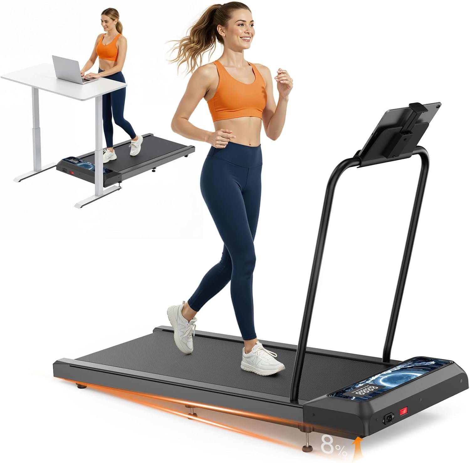 HCOIW Walking with Incline Pad and Handle Bar, 3 in 1 Mini Walking Machine, 2.5HP Low Noise Treadmill for Home with Remote Control, Treadmill with Handle Bar, 270lbs Capacity