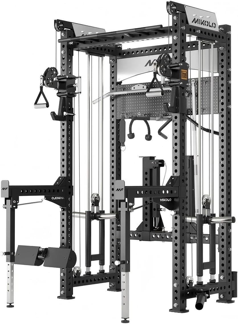 Mikolo Anubis-2.0 Smith Machine with Weight Stack, 3“×3” All-in-One Power Cage with LAT Pulldown & Cable Crossover, 3200LBS Multi-Function Trainer with Aluminum Pulley System for Fitness Home Gym