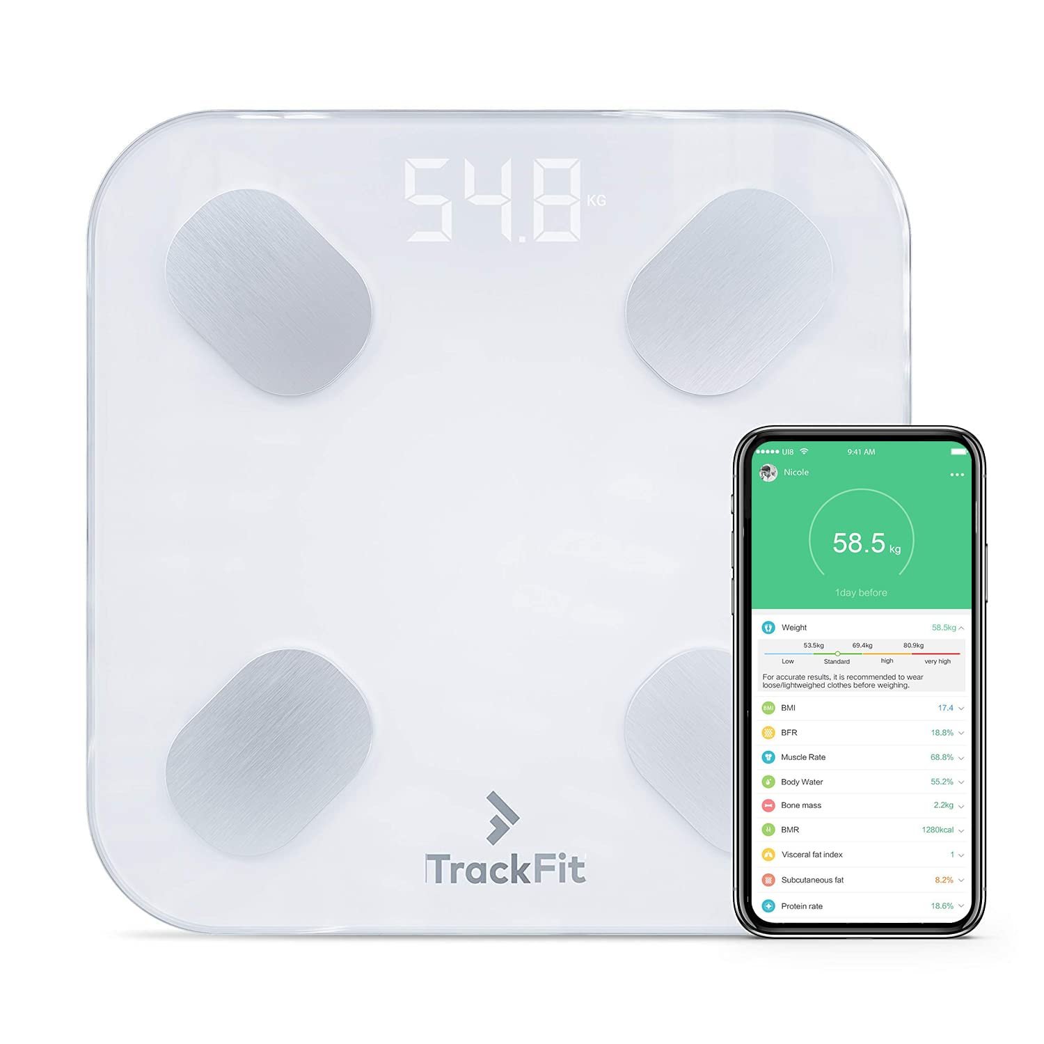 FitTrack Dara Smart BMI Digital Scale – Measure Weight and Body Fat – Most Accurate Bluetooth Glass Bathroom Scale (White)