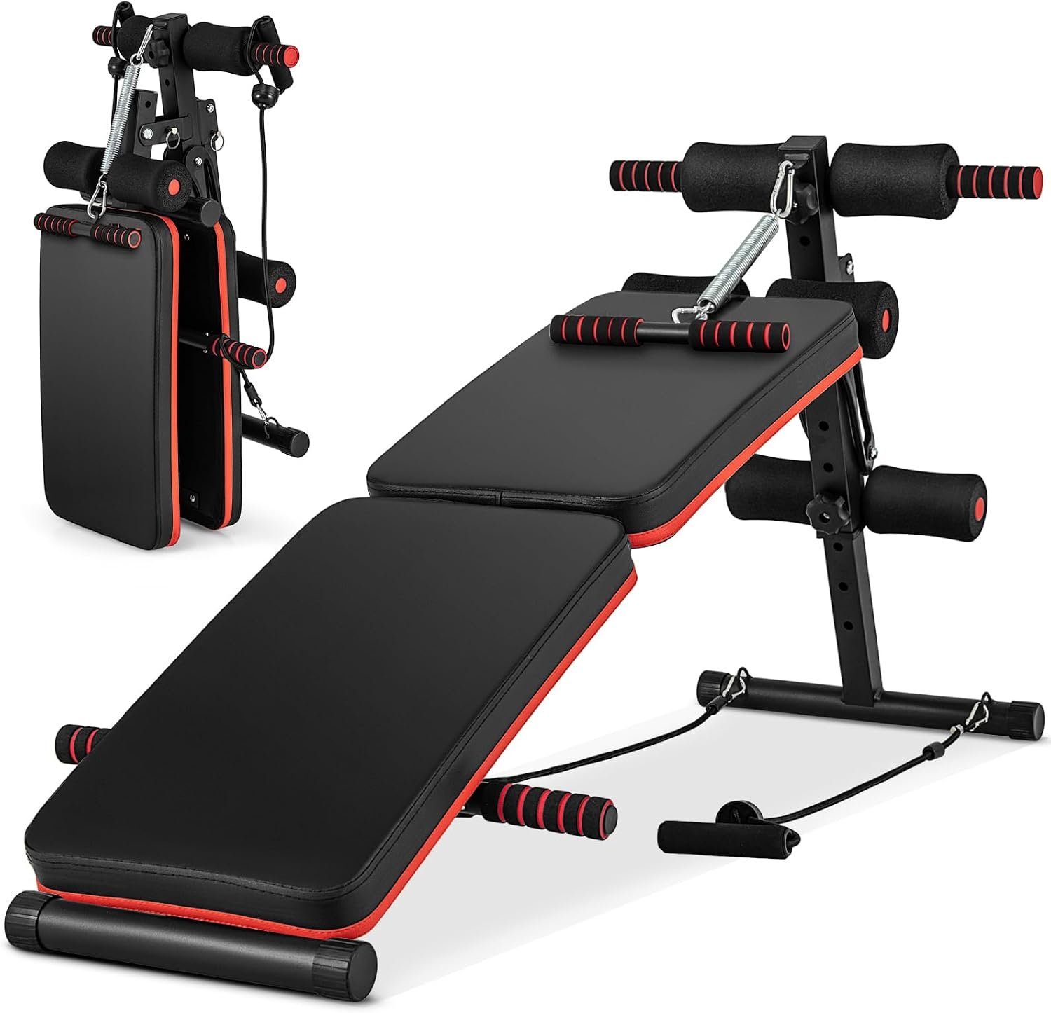 Goplus 7 in 1 Sit up Bench, Foldable Decline Incline Bench w/4 Position Adjustable Height & 2 Elastic Ropes for Strength Training, Curved AB Slant Board Workout Equipment for Home Gym Fitness, 330 LBS