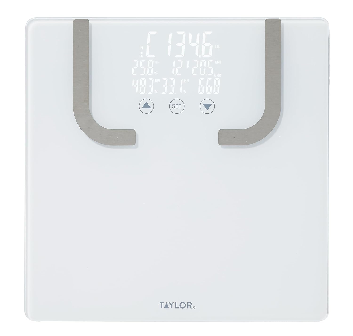 Taylor Smart Bathroom Scale with BIA Body Fat Analysis, Bluetooth App Sync, Digital Weight Monitor, BMI & BMR Tracking, 8 User Profiles, 440 lb Capacity, LED Display, Glass Platform, White