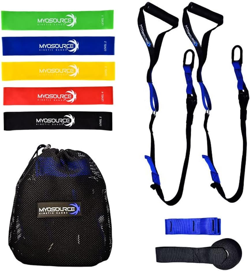 Total Body Exercise & Fitness at Home Workout Kit – Includes Body Weight Suspension Straps, Set of 5 Resistance Loop Exercise Bands