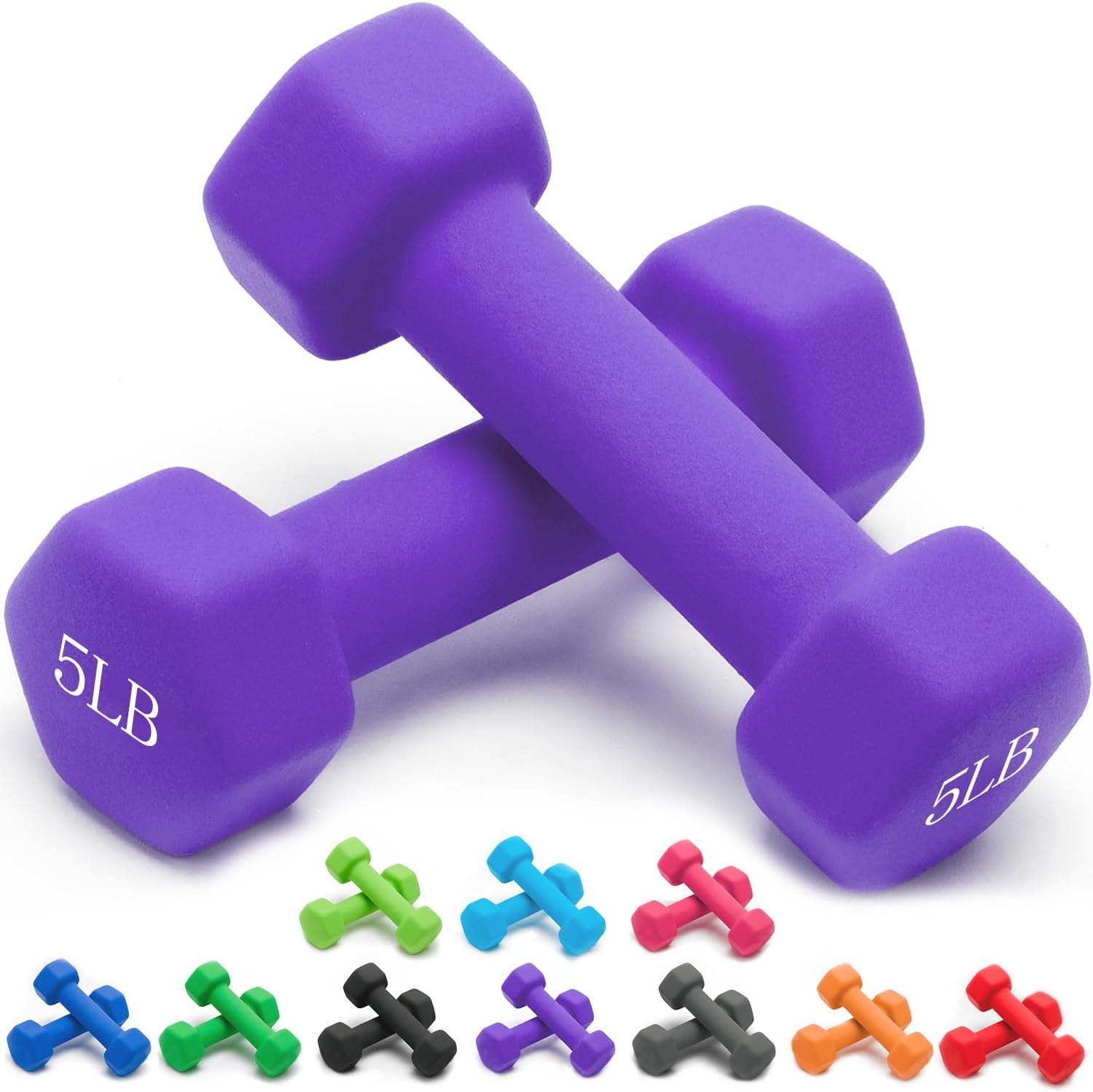 Portzon Weights Dumbbells 10 Colors Options Compatible with Set of 2 Neoprene Dumbbells Set,1-15 LB, Anti-Slip, Anti-roll, Hex Shape for Shoulder,Neck, and Hand Training for Seniors