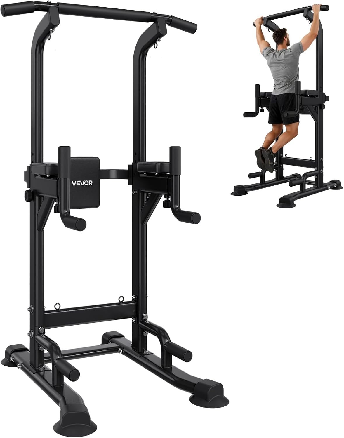 VEVOR Pull Up Bar, 330 LBS Power Tower Dip Station, Workout Dip Station with H-Shaped Stable Base & Back Pad, Adjustable 12 Level Height Free Standing Chin Up Bar for Back, 4-Level Adjustable Back Pad