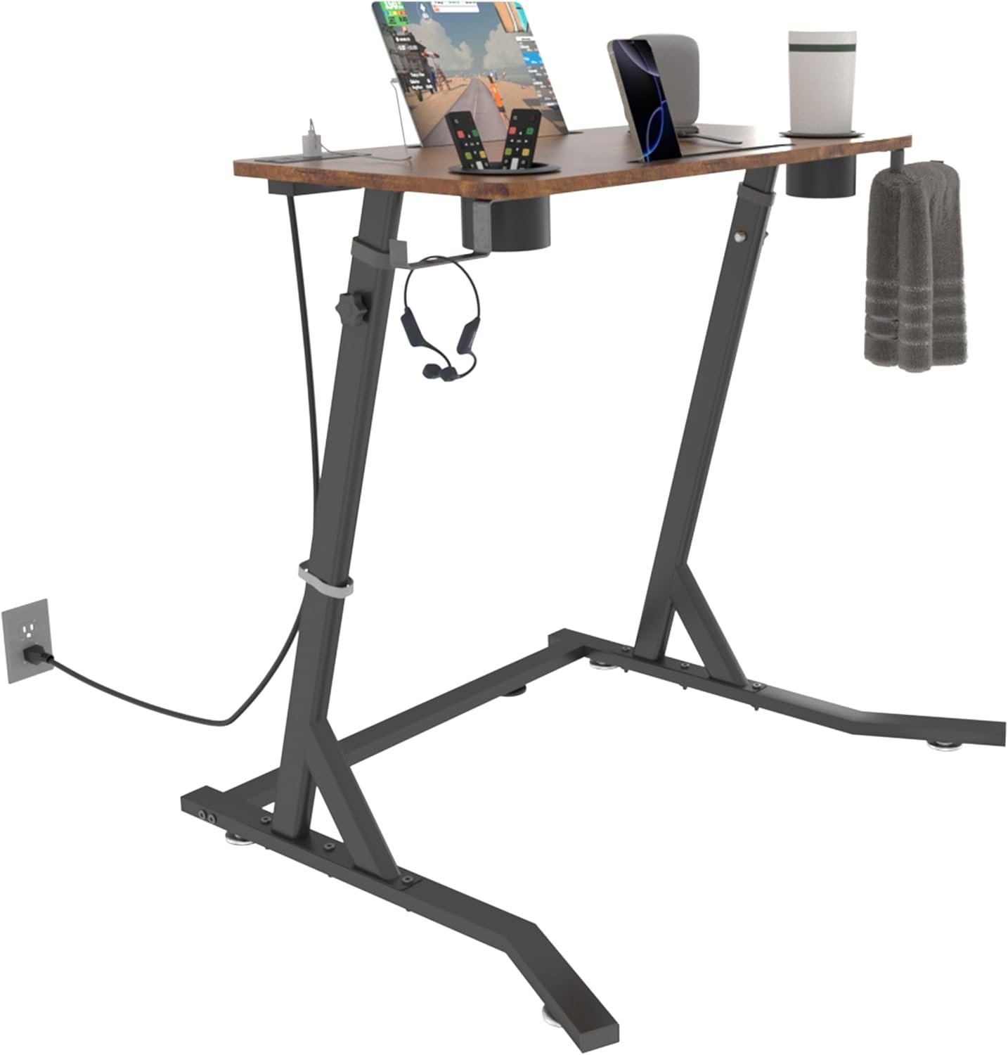 OrigoDeco Indoor Cycling Desk, Adjustable Standing Desk for Walking Pad, Bike Trainer Desk with Power Socket, for Indoor Cycling Treadmill & Office Use, Exercise While Working or Watching TV