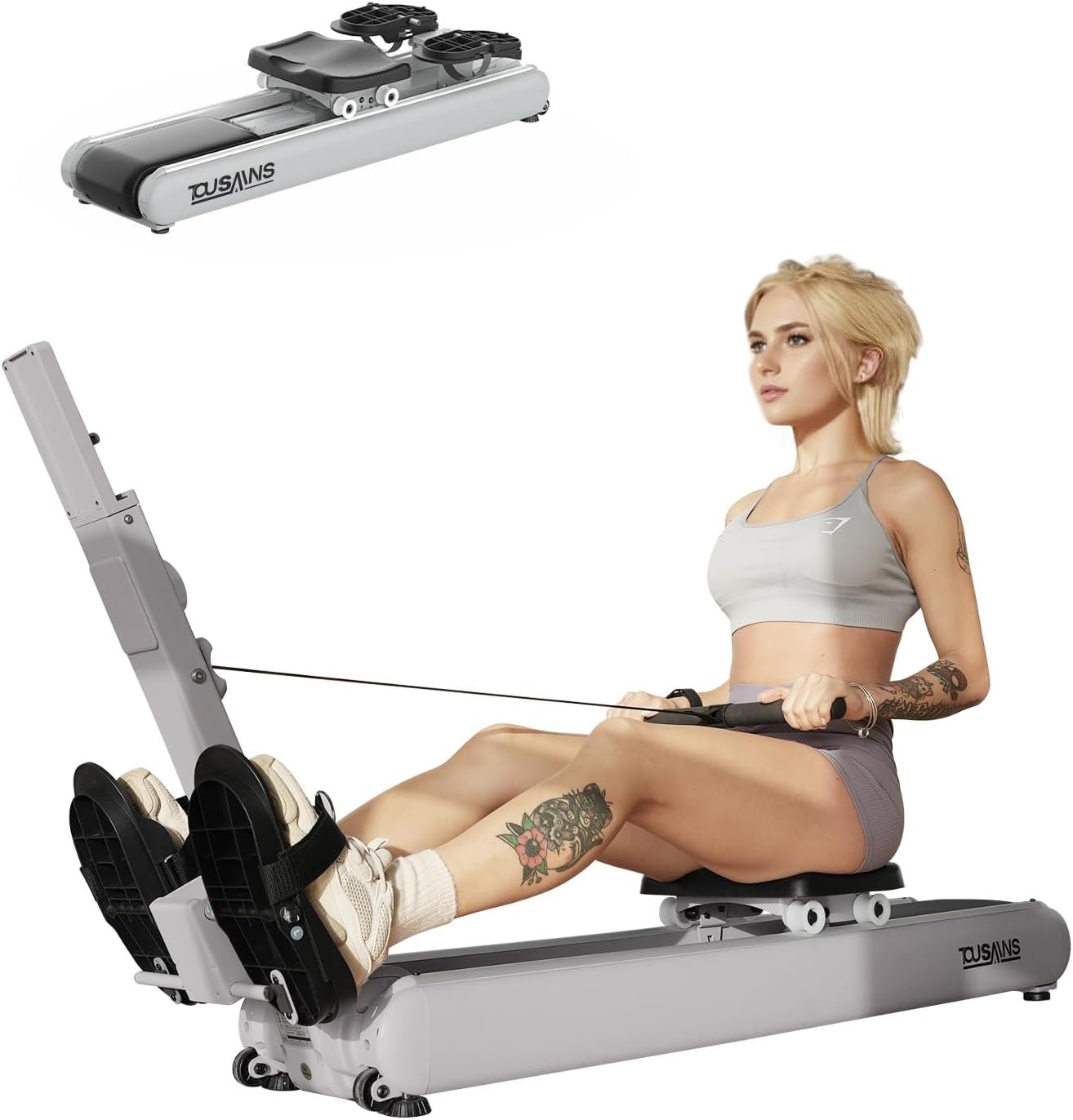 TOUSAINS ER7 Self-Powered Rowing Machine, Magnetic Folding Rowing Machine for Home with 32 Resistance Levels, Quiet Dual Rail Foldable Rower for Full Body Workout