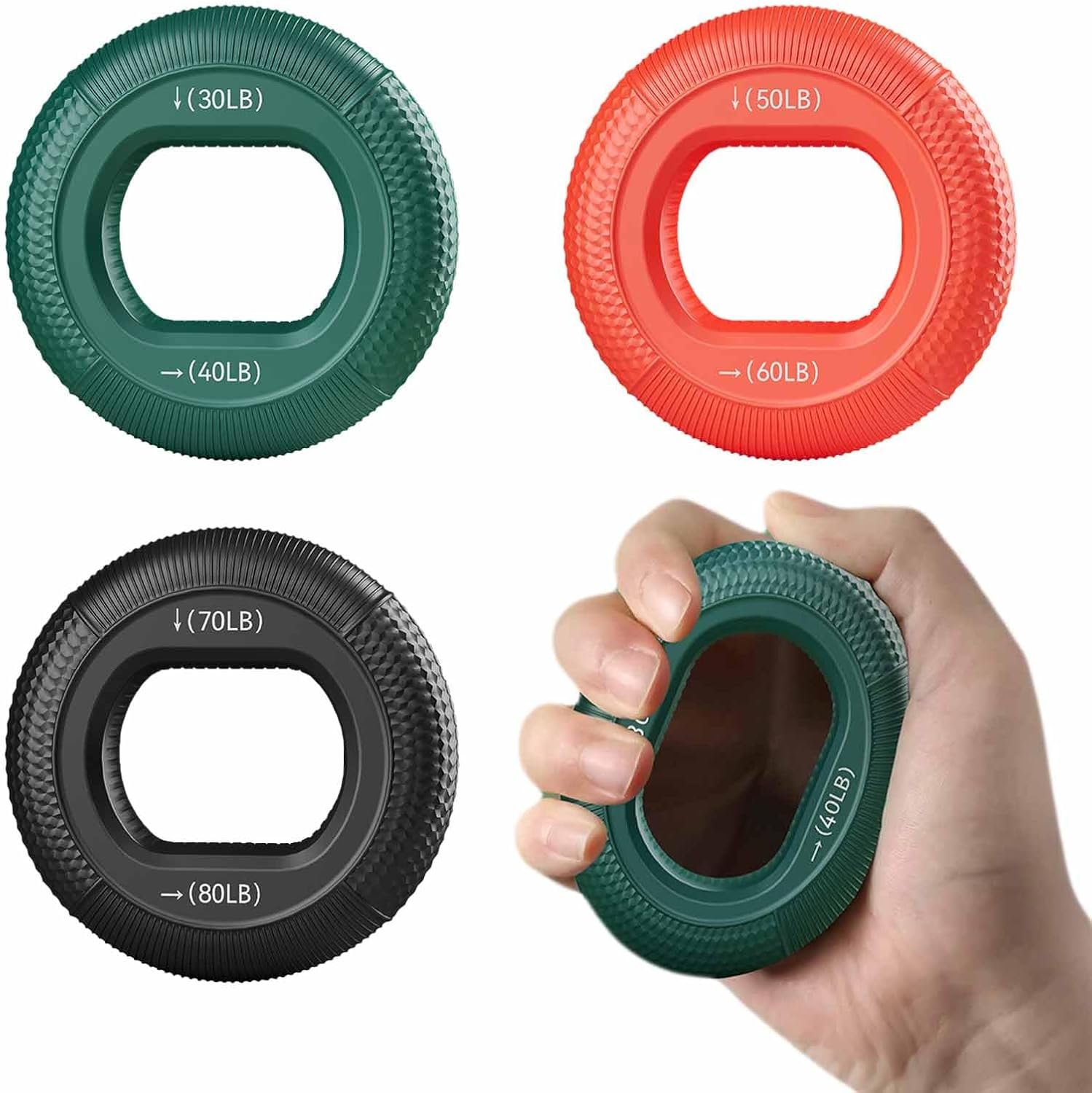 Grip Strength Trainer (30-80lbs) – 6 Resistance Levels, 3PCS Silicone Hand Grip Strengthener Rings for Rock Climbing, Athletes, Finger Workout & Stress Relief – Double Force Design